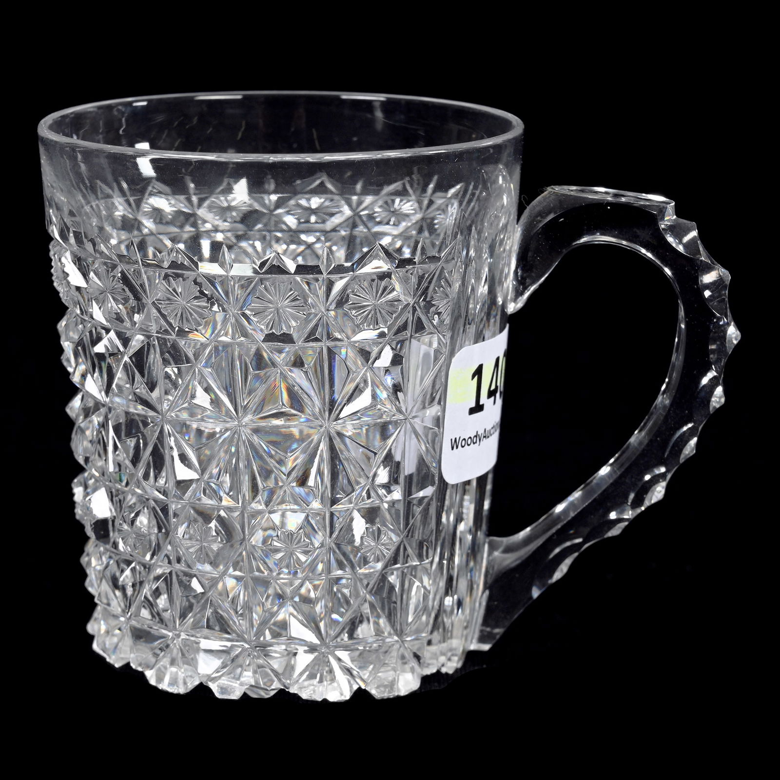 Handled Cup, ABCG, Macdonald Pattern By Hawkes: Handled Cup, American Brilliant Cut Glass, Macdonald Pattern By Hawkes, 2.75" x 3.5" x 2.375", Triple Notched Handle, Full Pattern Cut Base, Virginia Chaplin Collection, VA.