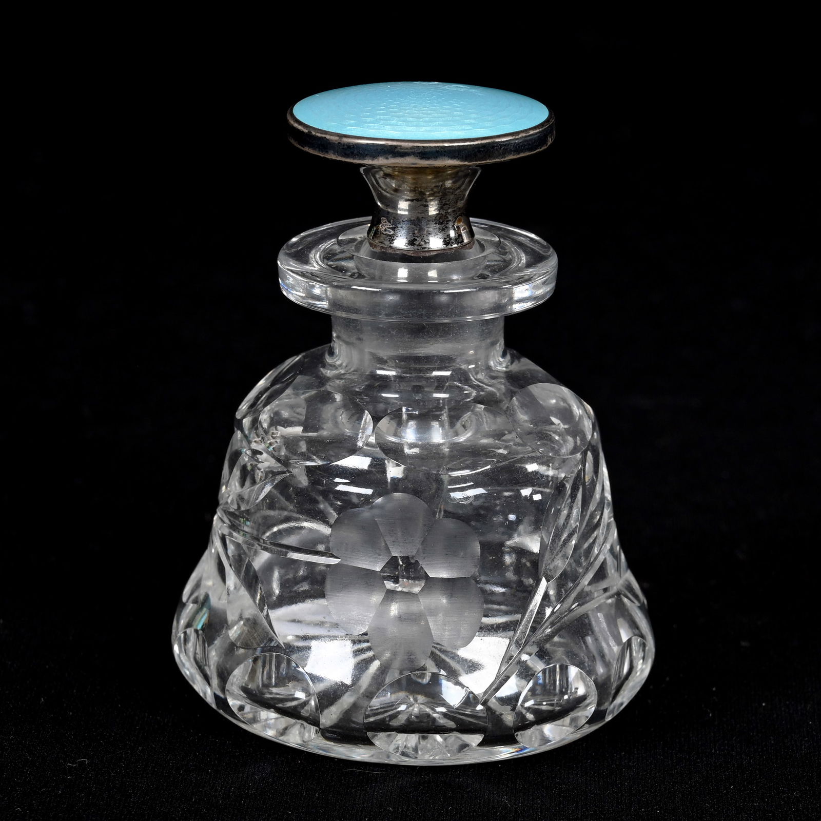 Perfume Bottle, American Brilliant Cut Glass: Perfume Bottle, American Brilliant Cut Glass, 3.25" x 2.5", Engraved Floral Pattern, Sterling Silver Top With Blue Enamel, Virginia Chaplin Collection, VA.