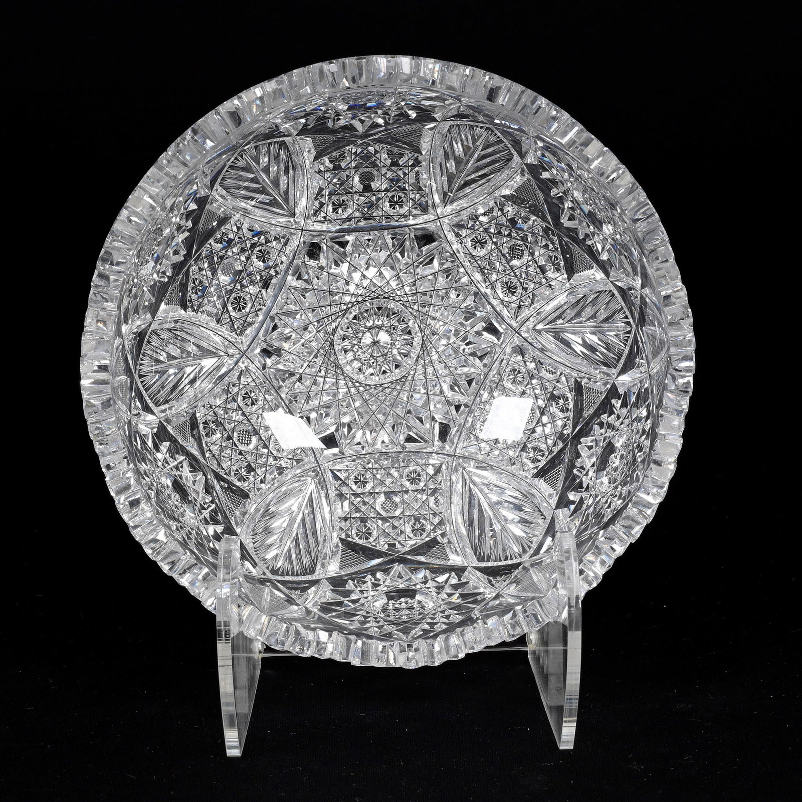 Bowl, American Brilliant Cut Glass: Bowl, American Brilliant Cut Glass, 4" x 8", Hobstar, Vesica, Cane, Strawberry Diamond, Feather And Fan Motif, Pattern Chip, Outside Rim Chip That Has Been Ground, Virginia Chaplin Collection, VA.