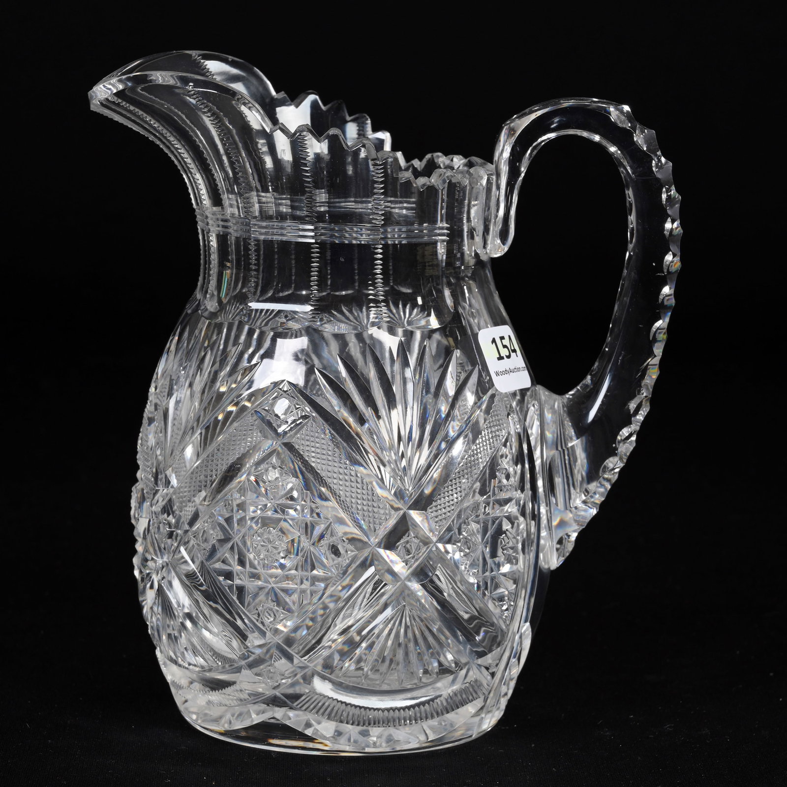 Pitcher, American Brilliant Cut Glass: Pitcher, American Brilliant Cut Glass, 7" x 6.25", Hobstar, File, Tusk, Zipper And Fan Motif, Triple Notched Handle, Hobstar Base, Virginia Chaplin Collection, VA.