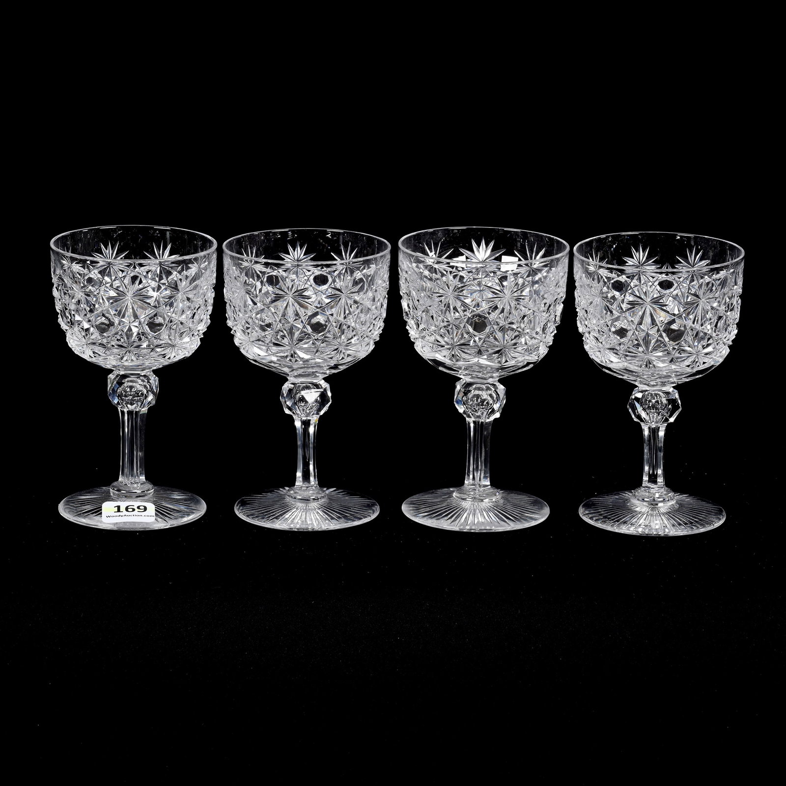 (4) Wine Stems, American Brilliant Cut Glass: (4) Wine Stems, American Brilliant Cut Glass, 4.5" x 2.75", Russian Pattern, Clear Cut Buttons, Ray Cut Foot, Virginia Chaplin Collection, VA.