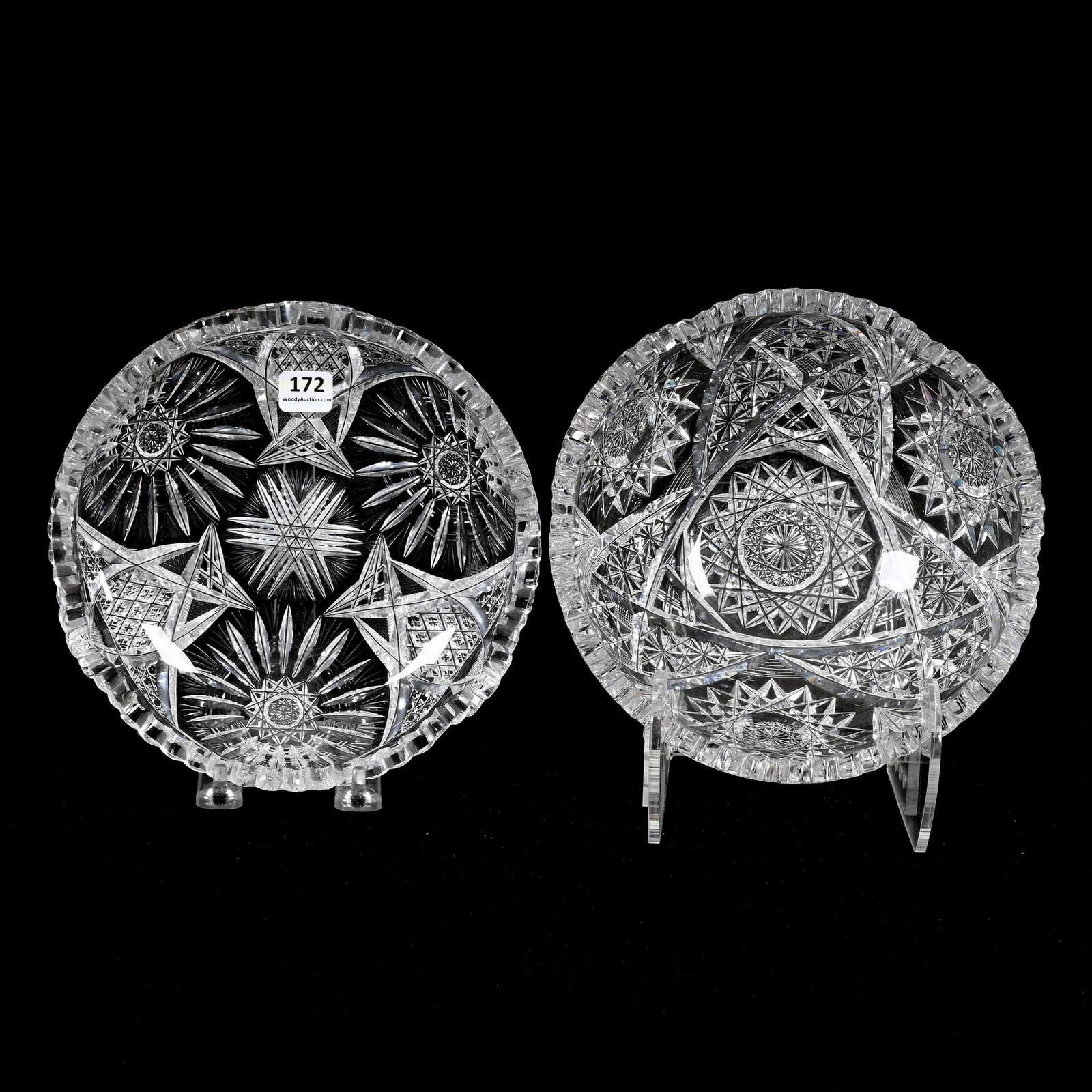 (2) Bowls, American Brilliant Cut Glass: (2) Bowls, American Brilliant Cut Glass, 8", (1) 3.25" Deep Bowl, Hobstar, Russian And Fan Motif, Tooth Chips, (1) 1.75" Low Bowl, Flashed Hobstar, Crosscut Diamond, Cane And Prism Motif, Tooth Chips,