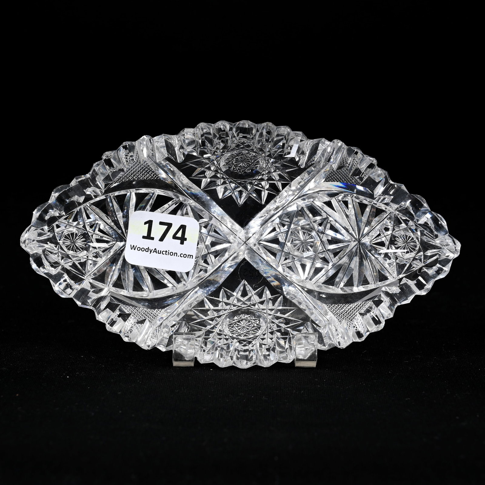 Bonbon, American Brilliant Cut Glass, Signed Hawkes: Bonbon, American Brilliant Cut Glass, Signed Hawkes, 5.25" x 3", Exactly As Featured In ACGA Hawkes Catalog Reprint, Page 127, Hobstar, Vesica, Strawberry Diamond And Fan Motif, Virginia Chaplin Colle