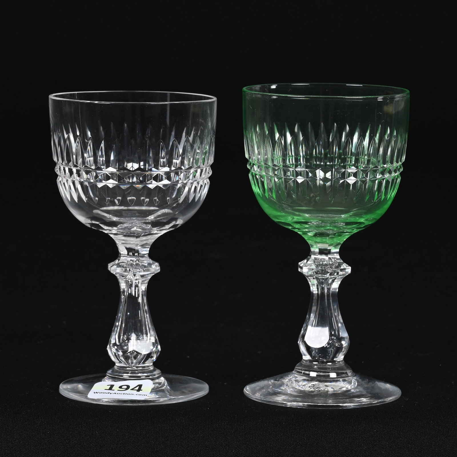 (2) Wine Stems, ABCG, Renaissance Pattern: (2) Wine Stems, American Brilliant Cut Glass, Renaissance Pattern, 4.5" x 2.5", By Dorflinger, (1) Apple Green Bowl, Highly Reactive Under Black Light, (1) Clear, Has Had Rim Trim, Virginia Chaplin Co
