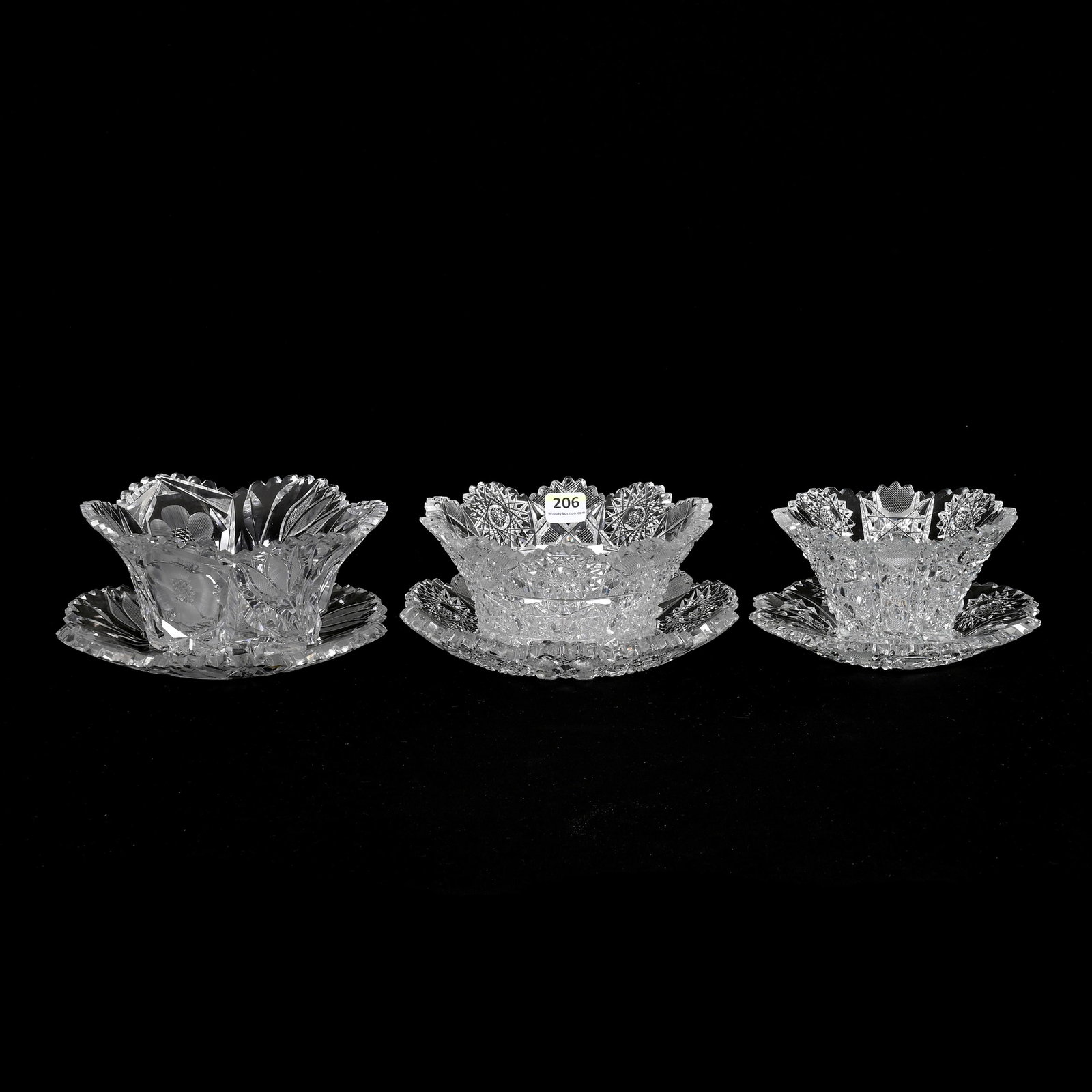 (3) Mayonnaise Bowls/Underplates, ABCG: (3) Mayonnaise Bowls/Underplates, American Brilliant Cut Glass, 3.25" x 7" approximately, (1) Hunt's Royal Pattern, (1) Floral And Tulip Design, (1) Signed Fry, Outside Rim Tooth Chip, Virginia Chapli