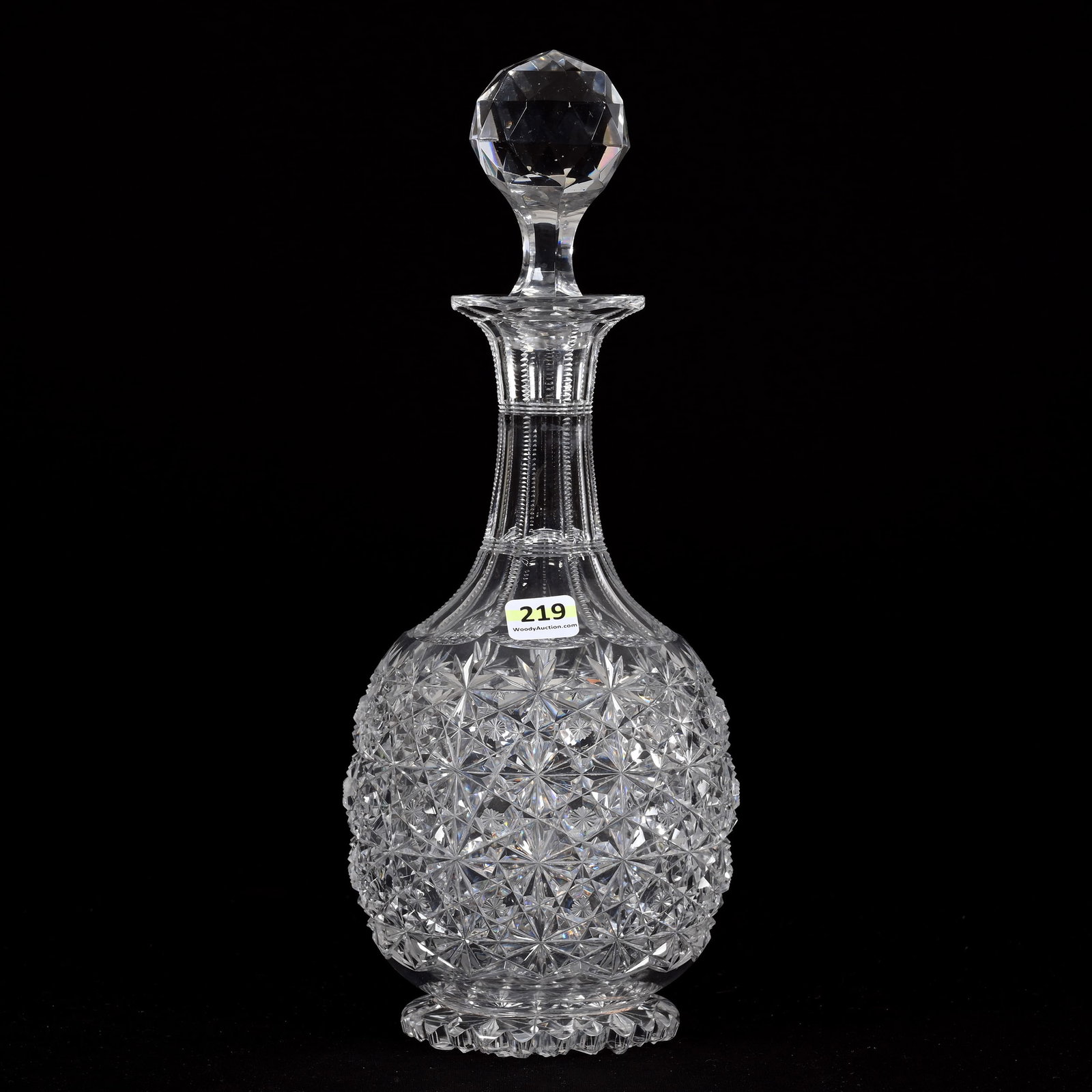 Decanter, Footed, American Brilliant Cut Glass: Decanter, Footed, American Brilliant Cut Glass, 12.5" x 5", Russian Pattern, Star Cut Buttons, Scalloped Pattern Cut Foot, Virginia Chaplin Collection, VA.