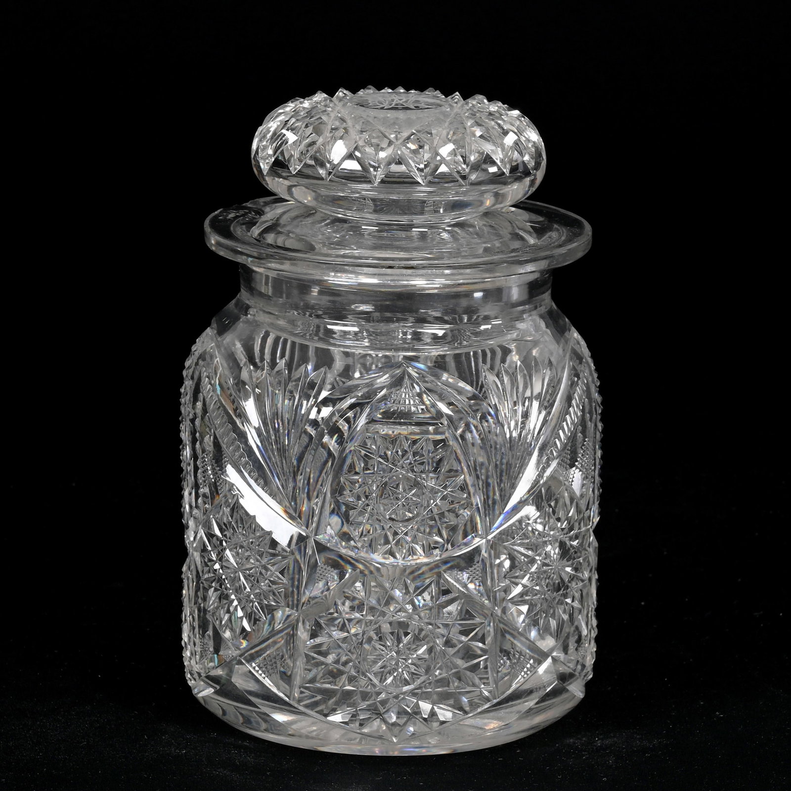 Humidor, American Brilliant Cut Glass: Humidor, American Brilliant Cut Glass, 8.5" x 5.75", Well Cut Hobstar, Vesica, Prism And Fan Motif, Hobstar Cut Lid With Elaborate Engraved Monogram, Jar Has A Sizable Rim Chip, Washington Private Col