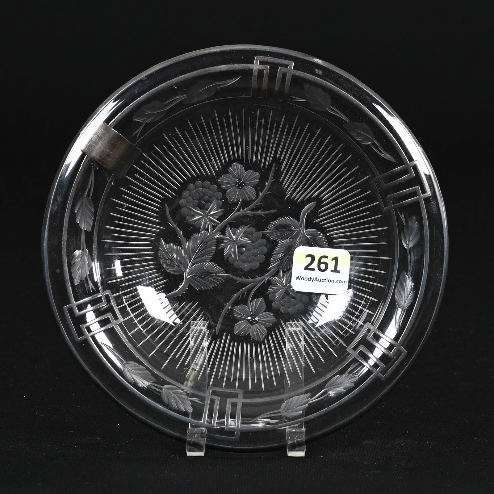 Plate, American Brilliant Cut Glass: Plate, American Brilliant Cut Glass, 6", Lightly Engraved Branch, Blossom And Fruit Decor, Silver Overlay, Washington Private Collection.