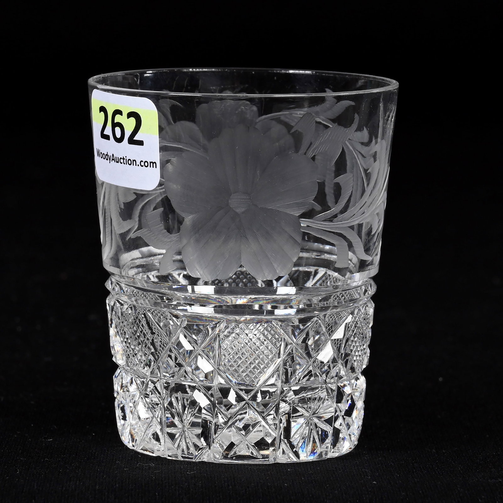 Whiskey Tumbler, American Brilliant Cut Glass: Whiskey Tumbler, American Brilliant Cut Glass, 2.75" x 2.25", Engraved Floral And Harvard Pattern, Attributed To Hunt Cut Glass, Ray Cut Base, Washington Private Collection.