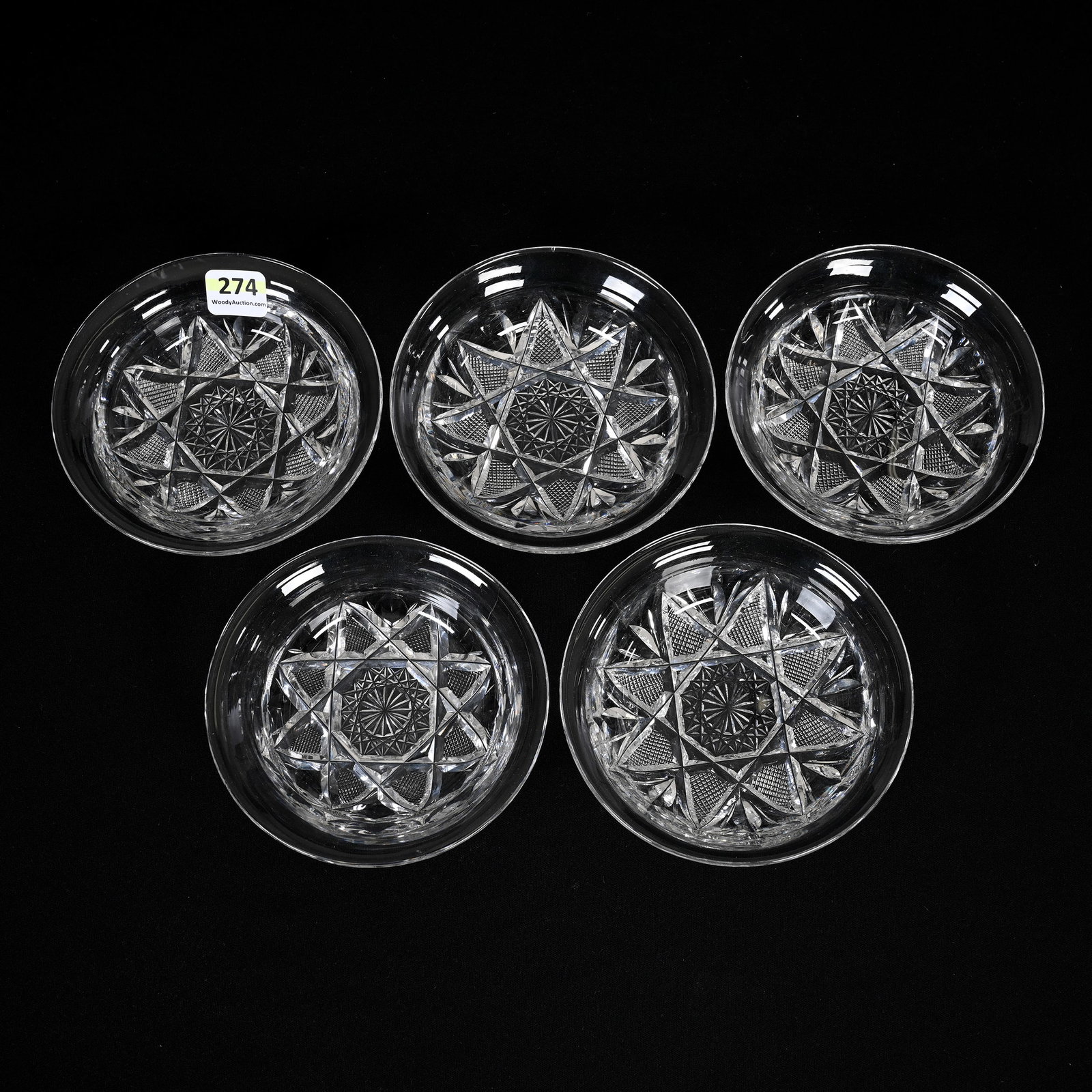 (5) Berry Dishes, ABCG, Signed Roden: (5) Berry Dishes, American Brilliant Cut Glass, Signed Roden, 4.5, Modified Hobstar Center, Clear Blank, California Private Collection.