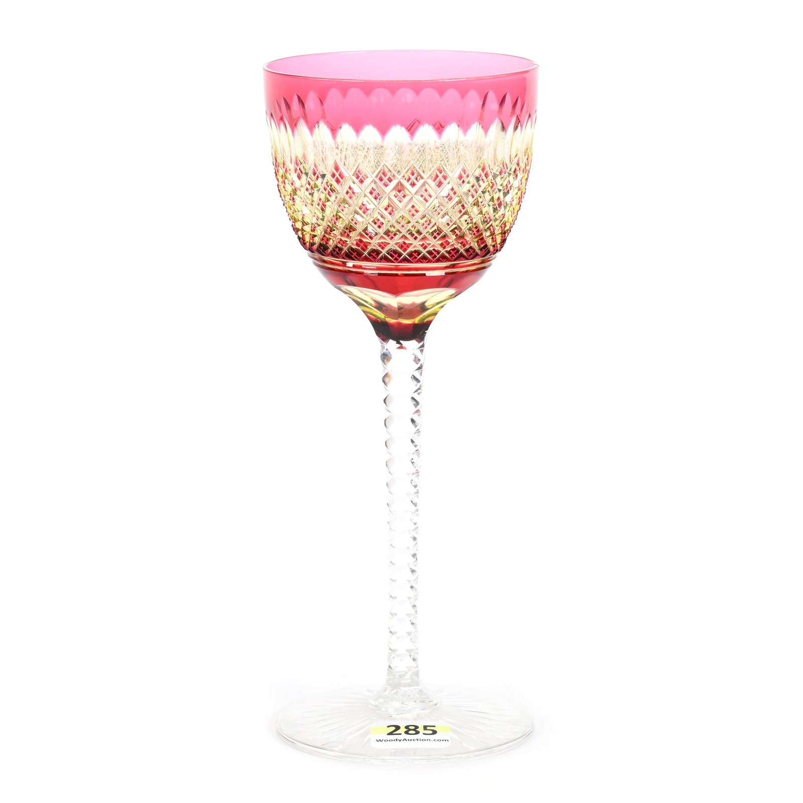 Wine Stem, BPCG, Cranberry Cut To Vaseline: Wine Stem, Brilliant Period Cut Glass, Cranberry Cut To Vaseline, 7.5" x 3", Solid Diamond Cut Stem, Ray Cut Foot, Boris Pattern By Val St. Lambert, Circa 1920, Tiny Rim Nick, Private Collection.
