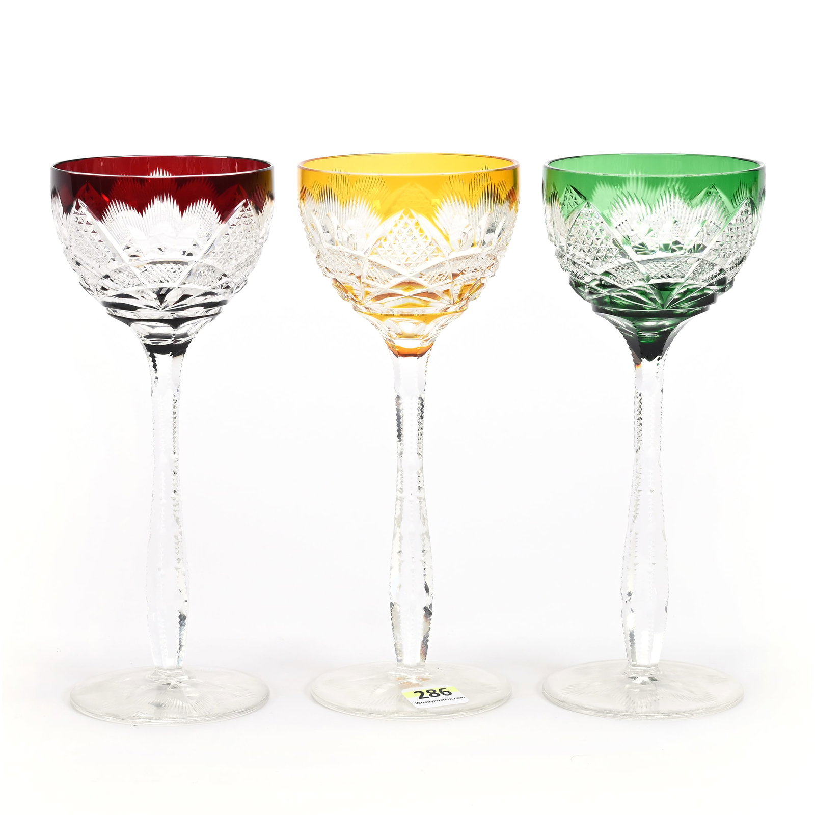 (3) Wine Stems, BPCG, Color Cut To Clear: (3) Wine Stems, Brilliant Period Cut Glass, Color Cut To Clear, 8" x 3.25", Riverton Pattern By Val St. Lambert, Circa 1925, (1) Red, (1) Green, (1) Yellow, Each Has A Flat Rim, Private Collection.