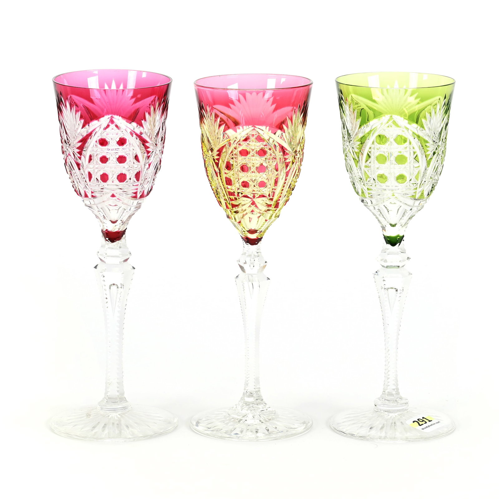 (3) Wine Stems, BPCG, Color Cut To Clear: (3) Wine Stems, Brilliant Period Cut Glass, Color Cut To Clear, 8.25" x 2.75", Richepin Pattern By Val St. Lambert, Circa 1920, (1) Red To Clear, Flat Rim, (1) Green To Clear, Flat Rim, (1) Cranberry 
