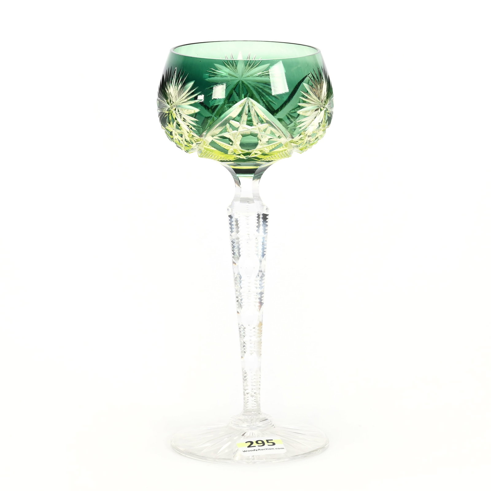 Wine Stem, BPCG, Green Cut To Vaseline: Wine Stem, Brilliant Period Cut Glass, Green Cut To Vaseline, 7.75" x 3.25", Clear Solid Notched Stem, Ray Cut Foot, Pattern #3269/17 By Val St. Lambert, Circa 1905, Flat Rim, Private Collection.