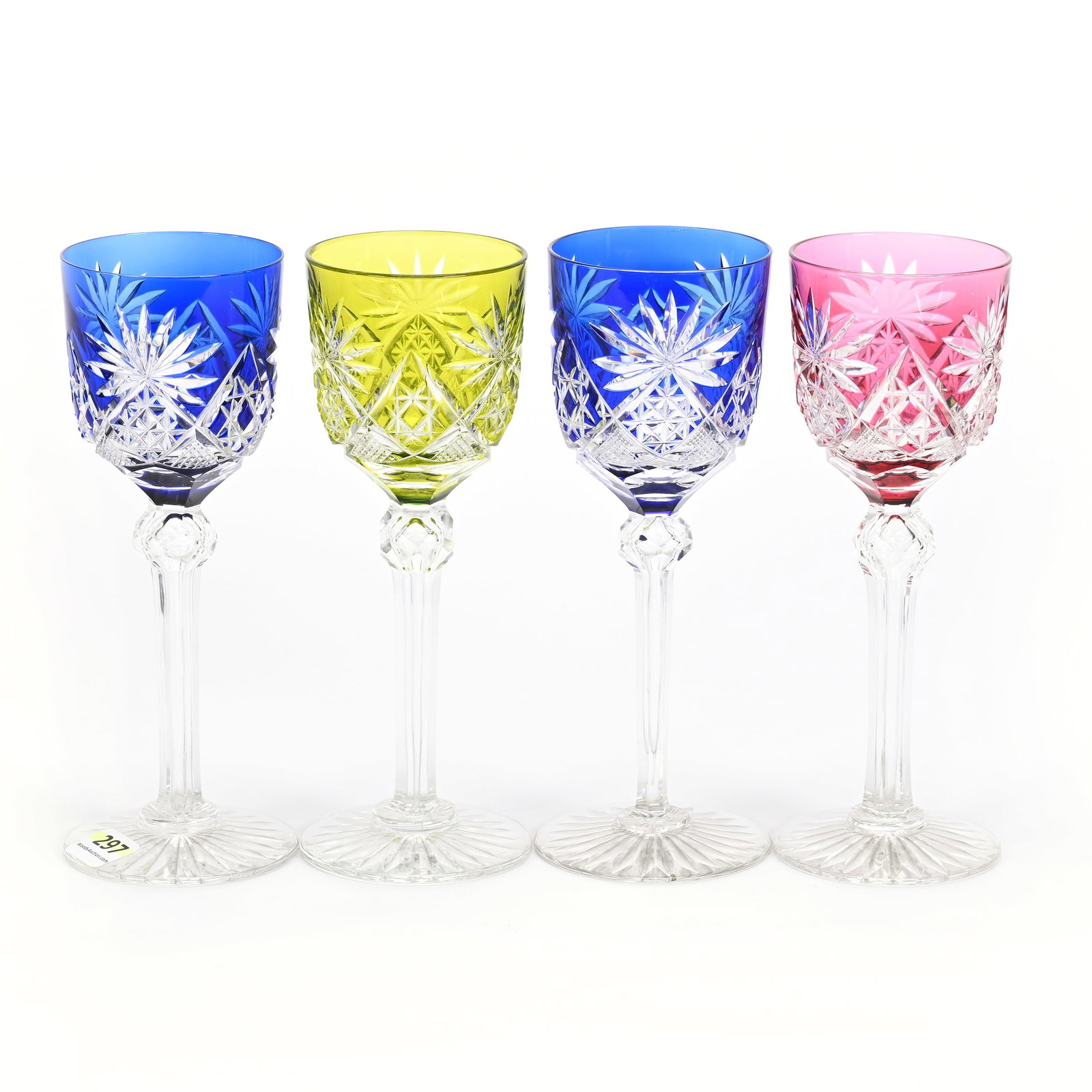 (4) Wine Stems, BPCG, Color Cut To Clear: (4) Wine Stems, Brilliant Period Cut Glass, Color Cut To Clear, 7.5" x 2.75", Pattern #3269/17 By Val St. Lambert, Circa 1905, (2) Cobalt Blue, (1) Green, (1) Cranberry, Private Collection.