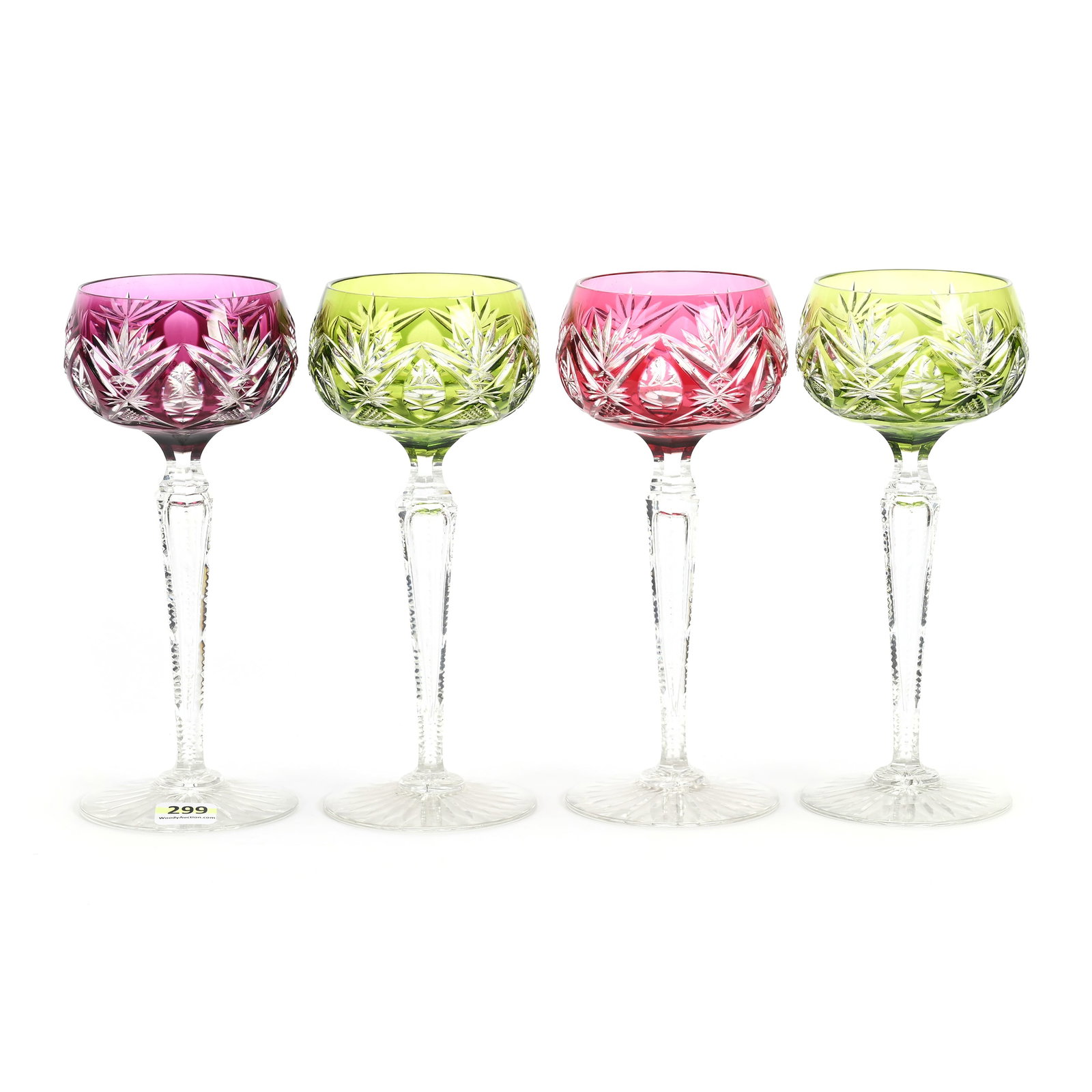 (4) Wine Stems, BPCG, Color Cut To Clear: (4) Wine Stems, Brilliant Period Cut Glass, Color Cut To Clear, 7.75" x 3.25", Pattern #3247/17 By Val St. Lambert, Air Trap Notched Stem, Ray Cut Foot, (2) Green, (1) Cranberry, (1) Amethyst, Private