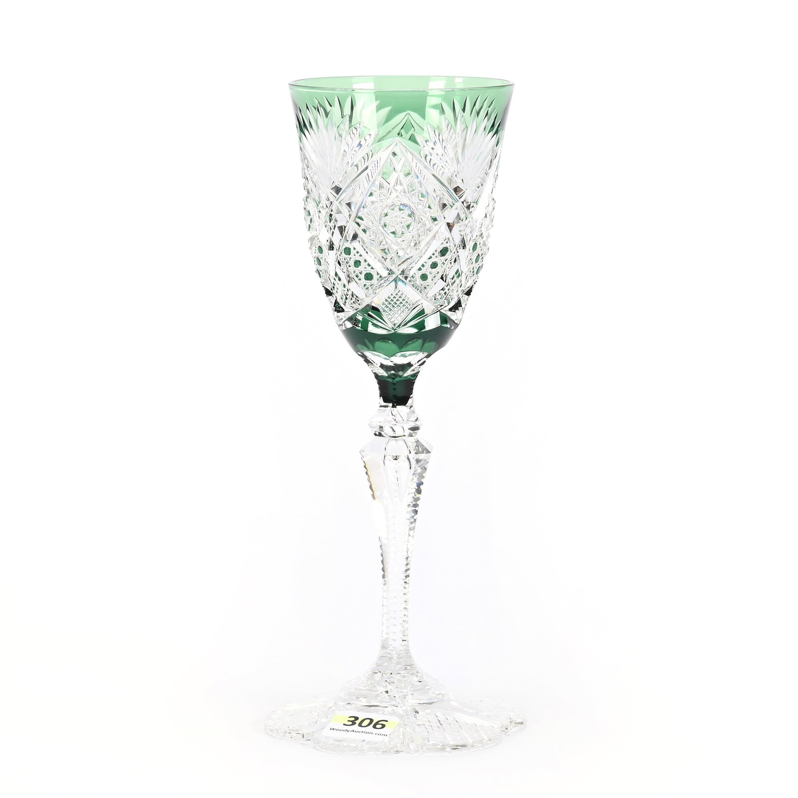 Wine Stem, BPCG, Green Cut To Clear: Wine Stem, Brilliant Period Cut Glass, Green Cut To Clear, 8.5" x 3.25", Belgica Pattern By Val St. Lambert, Circa 1905, Pattern Cut Scalloped Foot, Private Collection.