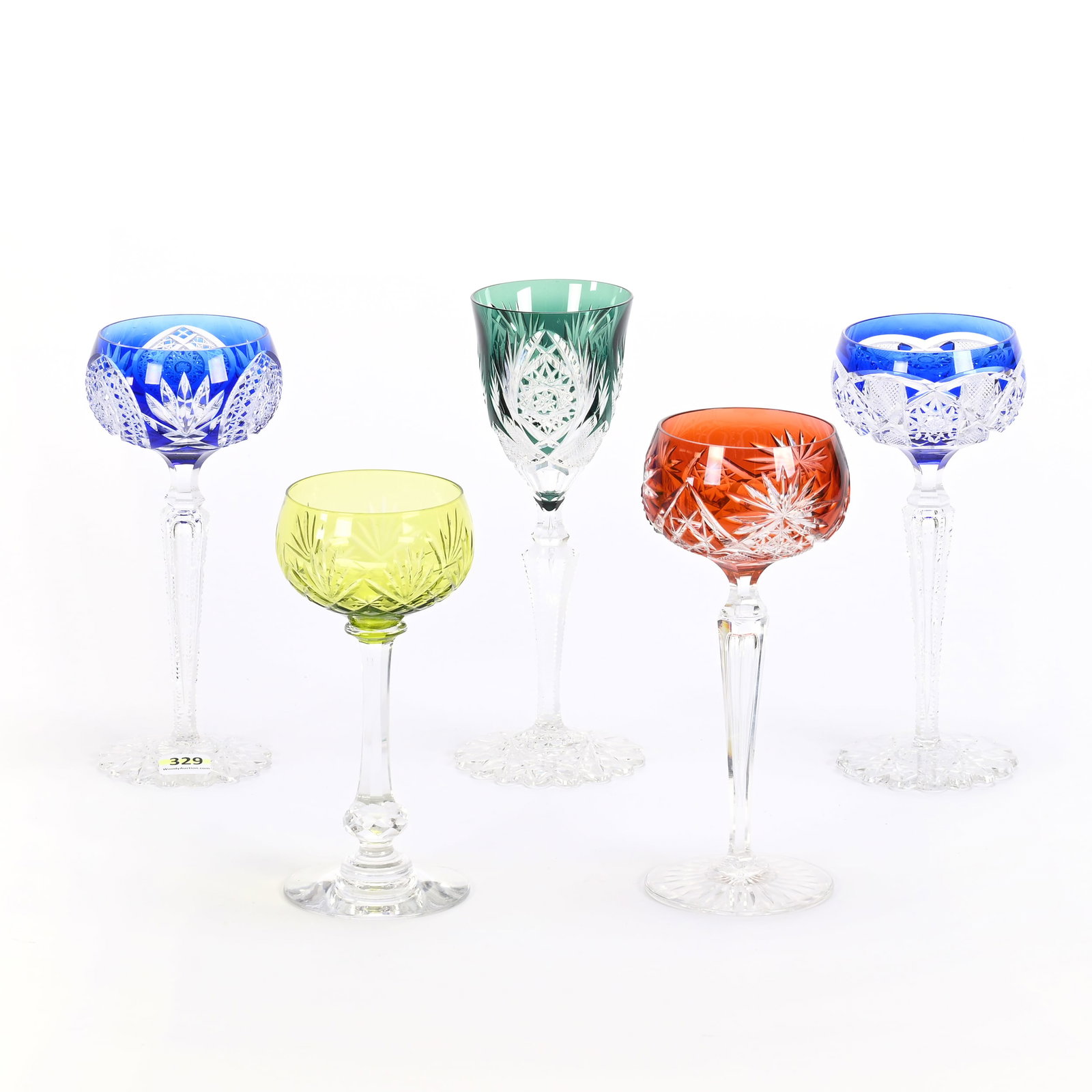 (5) Wine Stems, BPCG, Color Cut To Clear: (5) Wine Stems, Brilliant Period Cut Glass, Color Cut To Clear, Attributed To Val St. Lambert, Various Patterns, Sizes And Colors, See Photos For Details, (2) Cobalt Blue, (1) Orange, (1) Emerald, (1)