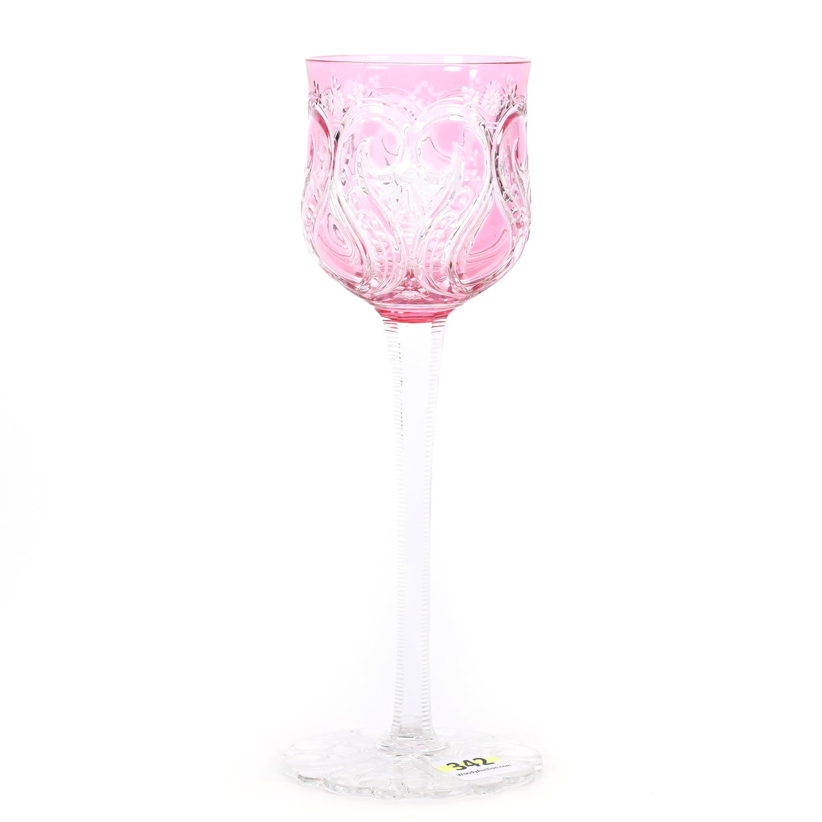 Wine Stem, BPCG, Cranberry Cut To Clear: Wine Stem, Brilliant Period Cut Glass, Cranberry Cut To Clear, 8.25" x 3", Rococo And Engraved Floral And Swirl Design, Solid Notched Stem, Scalloped Pattern Engraved Foot, Connecticut Private Collect