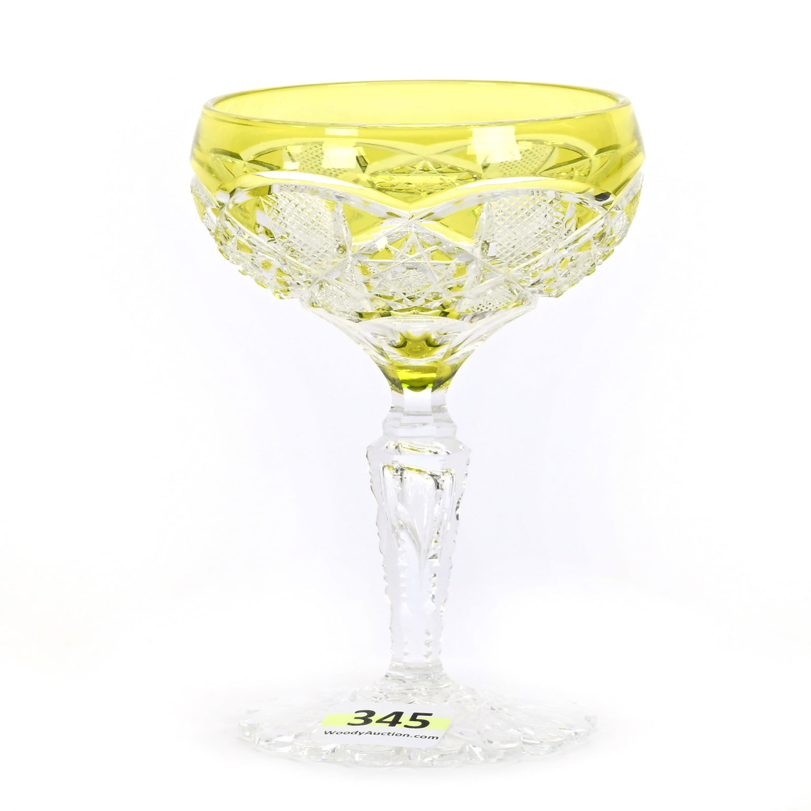 Wine Stem, BPCG, Yellow Cut To Clear: Wine Stem, Brilliant Period Cut Glass, Yellow Cut To Clear, 4.25" x 3", Saarbrucken Pattern By Val St. Lambert, Circa 1905, Scalloped Hobstar Foot, Connecticut Private Collection.