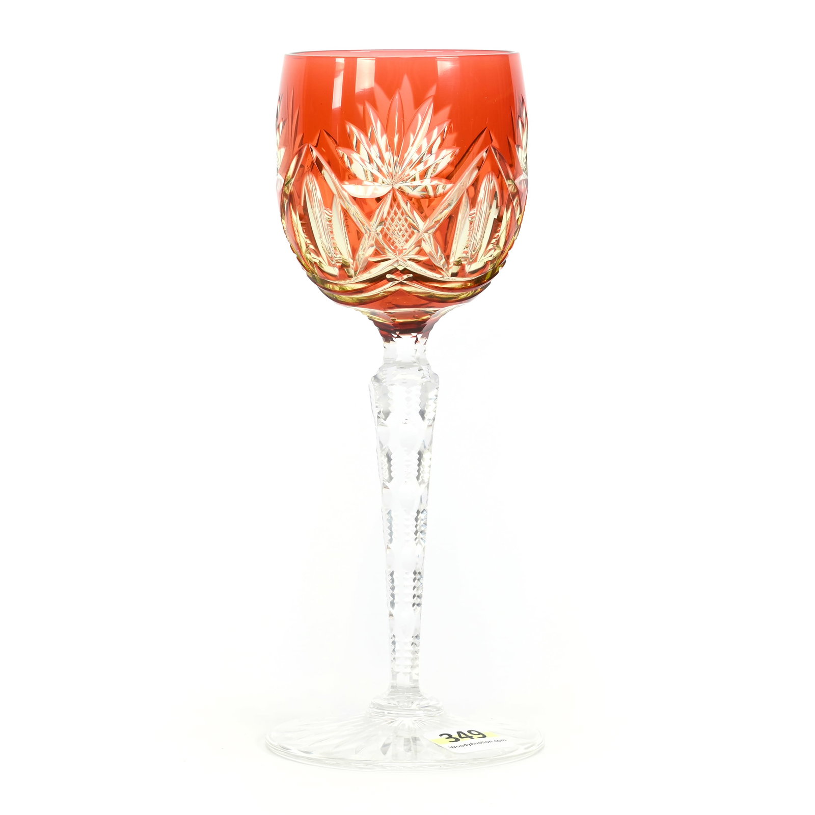 Wine Stem, BPCG, Apricot Cut To Vaseline: Wine Stem, Brilliant Period Cut Glass, Apricot Cut To Vaseline, 7.75" x 3", Lubin Pattern By Val St. Lambert, Notched Stem, Ray Cut Foot, Connecticut Private Collection.
