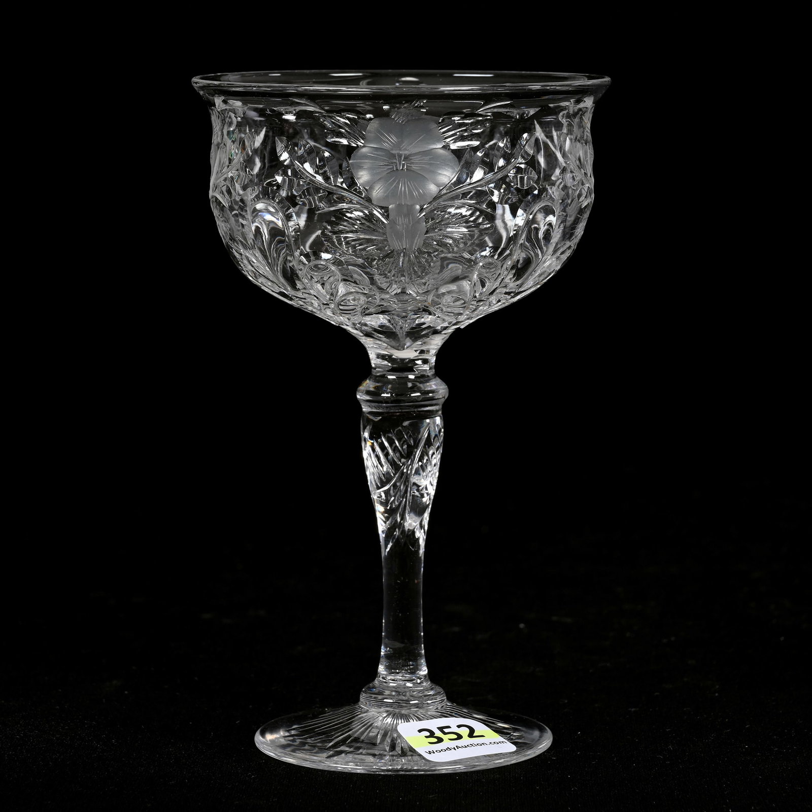 Wine Stem, BPCG, Clear Crystal: Wine Stem, Brilliant Period Cut Glass, Clear Crystal, 5.75" x 3.5", Attributed To Stevens And Williams, Engraved Floral And Rococo Design, Engraved Foot, Connecticut Private Collection.