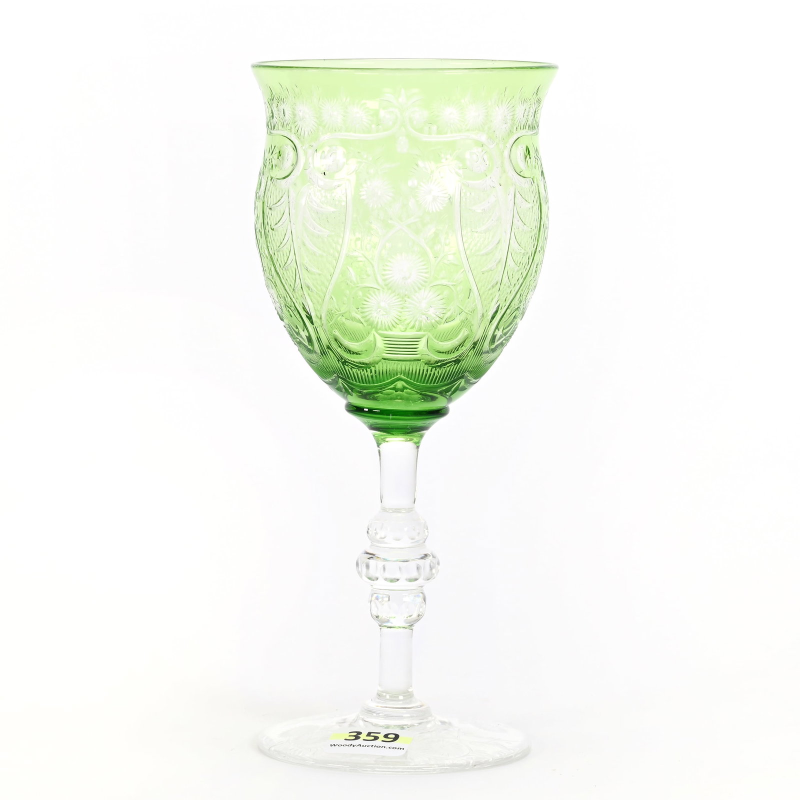 Goblet, BPCG, Green Cut To Clear, Signed England: Goblet, Brilliant Period Cut Glass, Green Cut To Clear, Signed England, 7.25" x 3.25", Engraved Floral And Shield Design, Pattern Engraved Foot, Connecticut Private Collection.