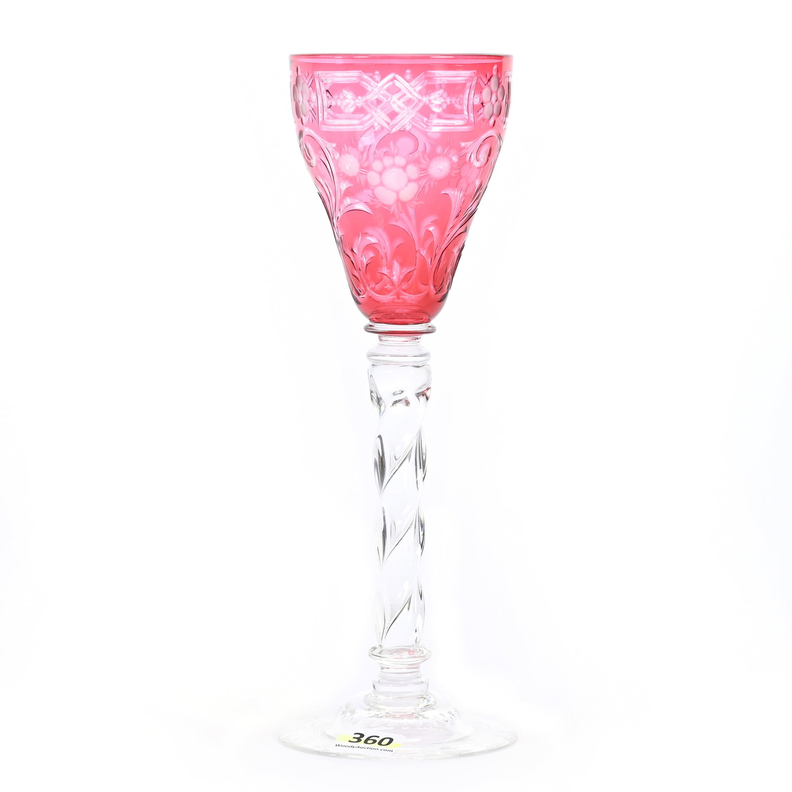 Wine Stem Signed Webb Corbett, Cranberry Cut To Clear: Wine Stem Signed Webb Corbett, Cranberry Cut To Clear, 9" x 3", Rock Crystal, Engraved Floral And Scroll Design, Solid Twist Stem, Pattern Engraved Foot, Connecticut Private Collection.