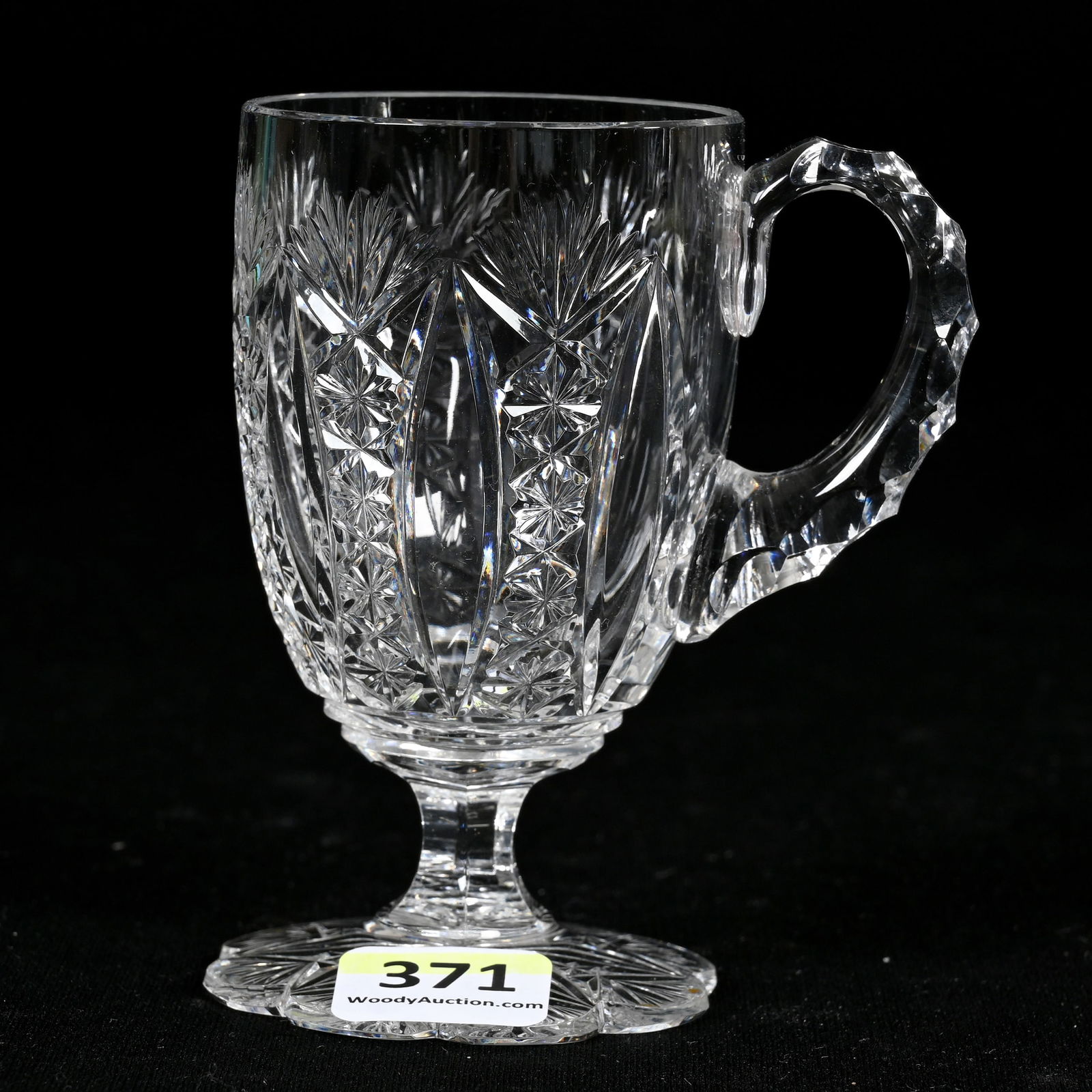 Pedestal Cup, BPCG, Clear Crystal: Pedestal Cup, Brilliant Period Cut Glass, Clear Crystal, 3.75" x 3", Star Button, Tusk And Fan Motif, Pattern Cut Scalloped Foot, Triple Notched Handle, Attributed To Baccarat, Connecticut Private Col
