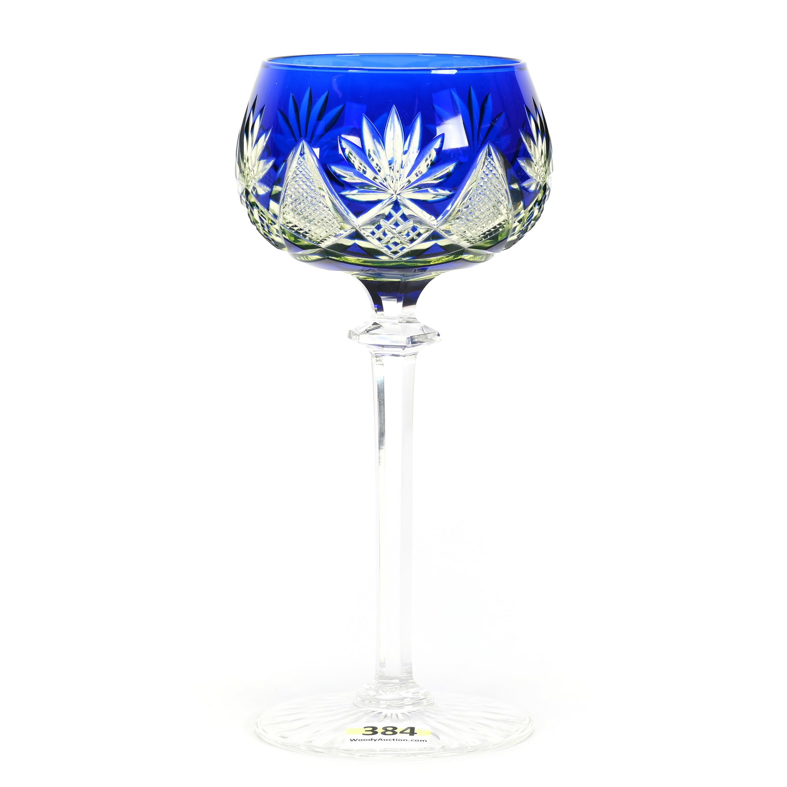 Wine Stem, BPCG, Cobalt Cut To Vaseline: Wine Stem, Brilliant Period Cut Glass, Cobalt Cut To Vaseline, 7" x 3.25", Berncastel Pattern By Val St. Lambert, Ray Cut Foot, Connecticut Private Collection.