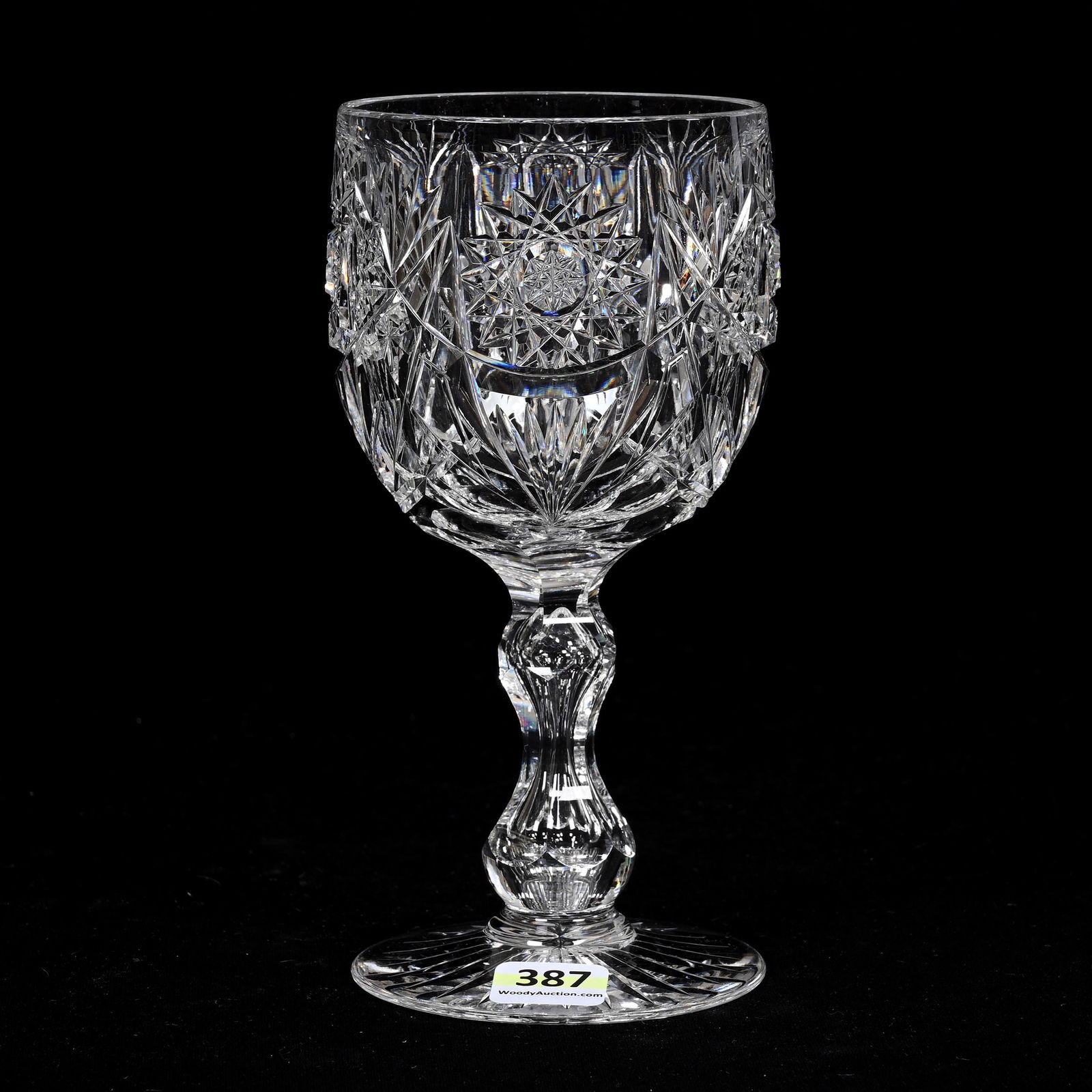 Goblet, American Brilliant Cut Glass: Goblet, American Brilliant Cut Glass, 6.75" x 3.5", Hobstar, Star And Fan Motif, Hourglass Stem, Ray Cut Foot, Connecticut Private Collection.