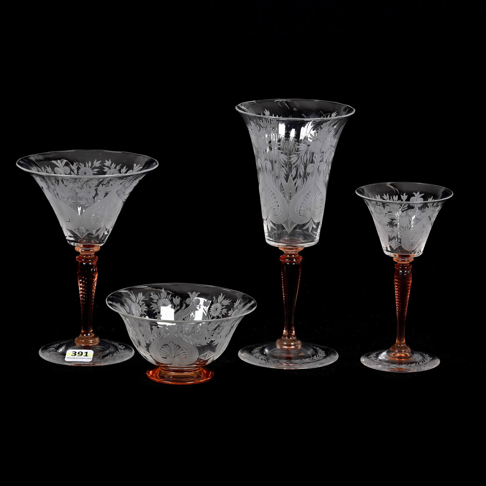 Four Piece Set, ABCG, Rosa Color Stems By Steuben: Four Piece Set, American Brilliant Cut Glass, Rosa Color Stems in Van Dyke Pattern By Steuben, (1) 8.25" x 3.75" Goblet, (1) 6.25" x 4.5" Martini, (1) 5.75" x 3.25" Wine, (1) 2.5" x 4.75" Footed Finge