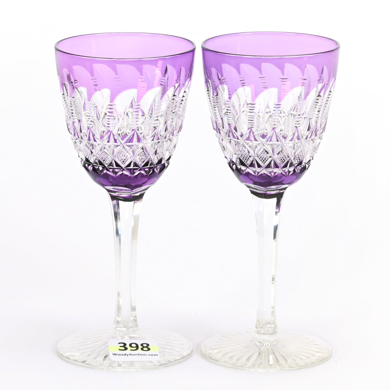 Pair Wine Stems, BPCG, Signed Webb: Pair Wine Stems, Brilliant Period Cut Glass, Signed Webb, 5.5" x 2.5", Amethyst Cut To Clear, Strawberry Diamond, Prism And Swirled Miter Motif, Ray Cut Foot, Connecticut Private Collection.