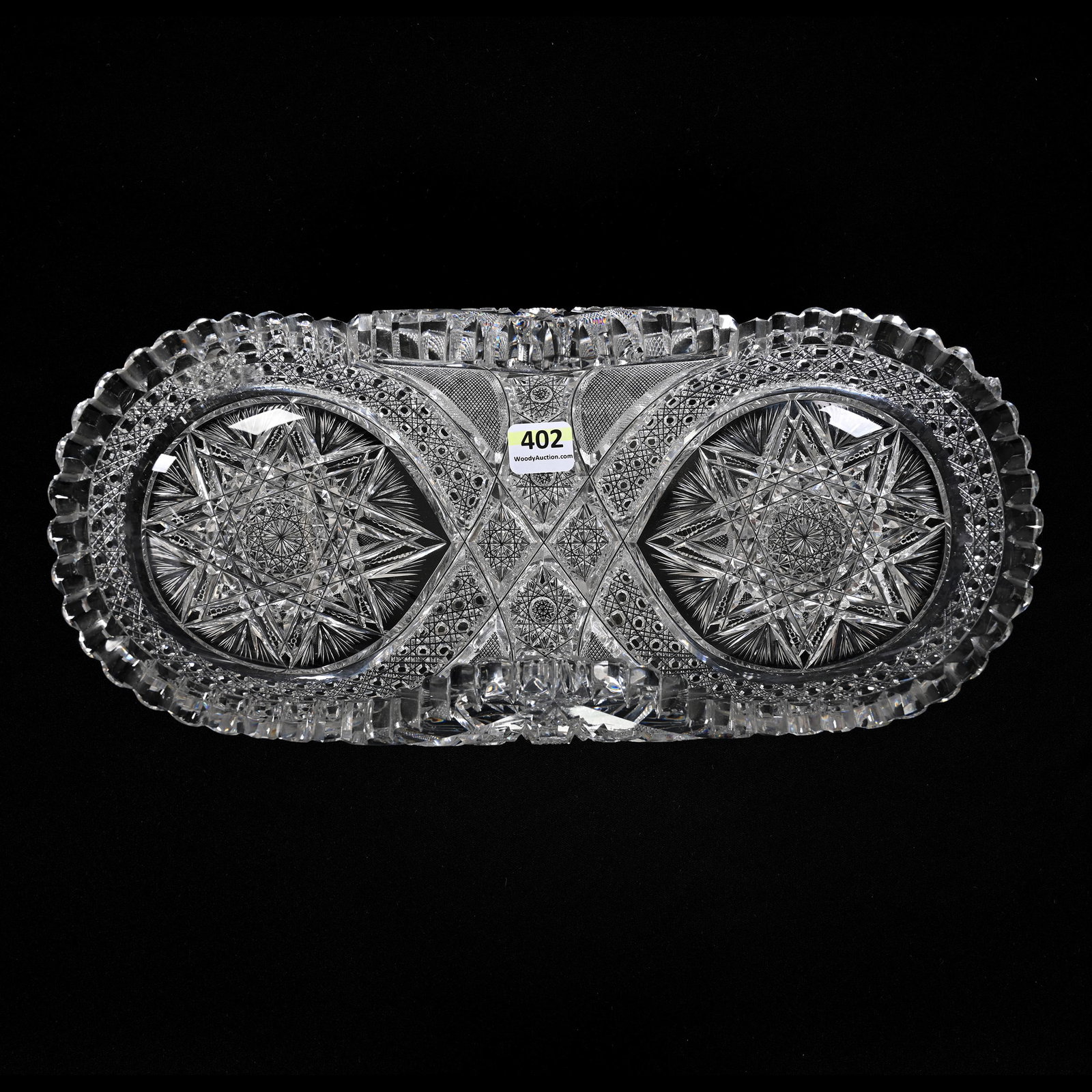 Folded Celery Tray, Shotton, Majestic Pattern: Folded Celery Tray, Shotton, Majestic Pattern, American Brilliant Cut Glass, 2.75" x 11.75" x 5.5", Flashed Hobstar With Cane And Strawberry Diamond Highlights, Heavy Blank, Pattern Attributed To W.C.