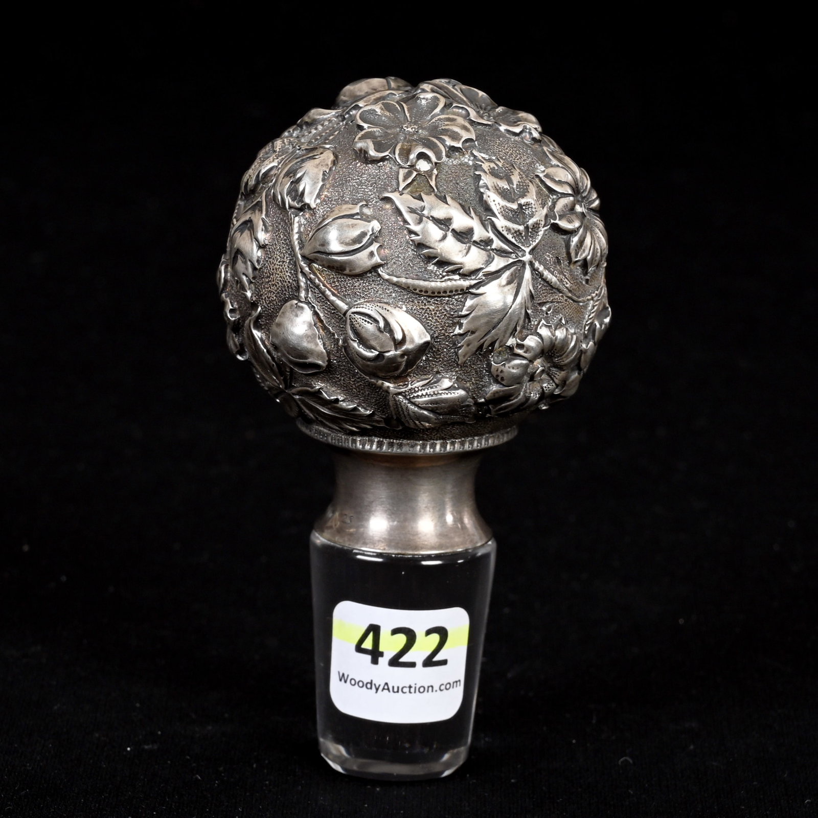 Embossed Sterling Stopper Marked Kirk & Sons: Embossed Sterling Stopper Marked Kirk & Sons, 4" x 2.25", Embossed Floral, Glass Plug Is Approximately 1.125" At Widest, South Dakota Private Collection.