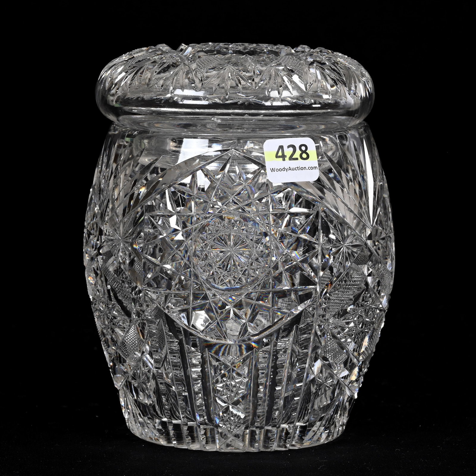 Humidor, American Brilliant Cut Glass: Humidor, American Brilliant Cut Glass, 6.25" x 5", Hobstar, Prism, Strawberry Diamond, Star And Fan Motif, Flashed Hobstar Lid, Ray Cut Base, Small Surface Nick On Interior Lid, South Dakota Private C