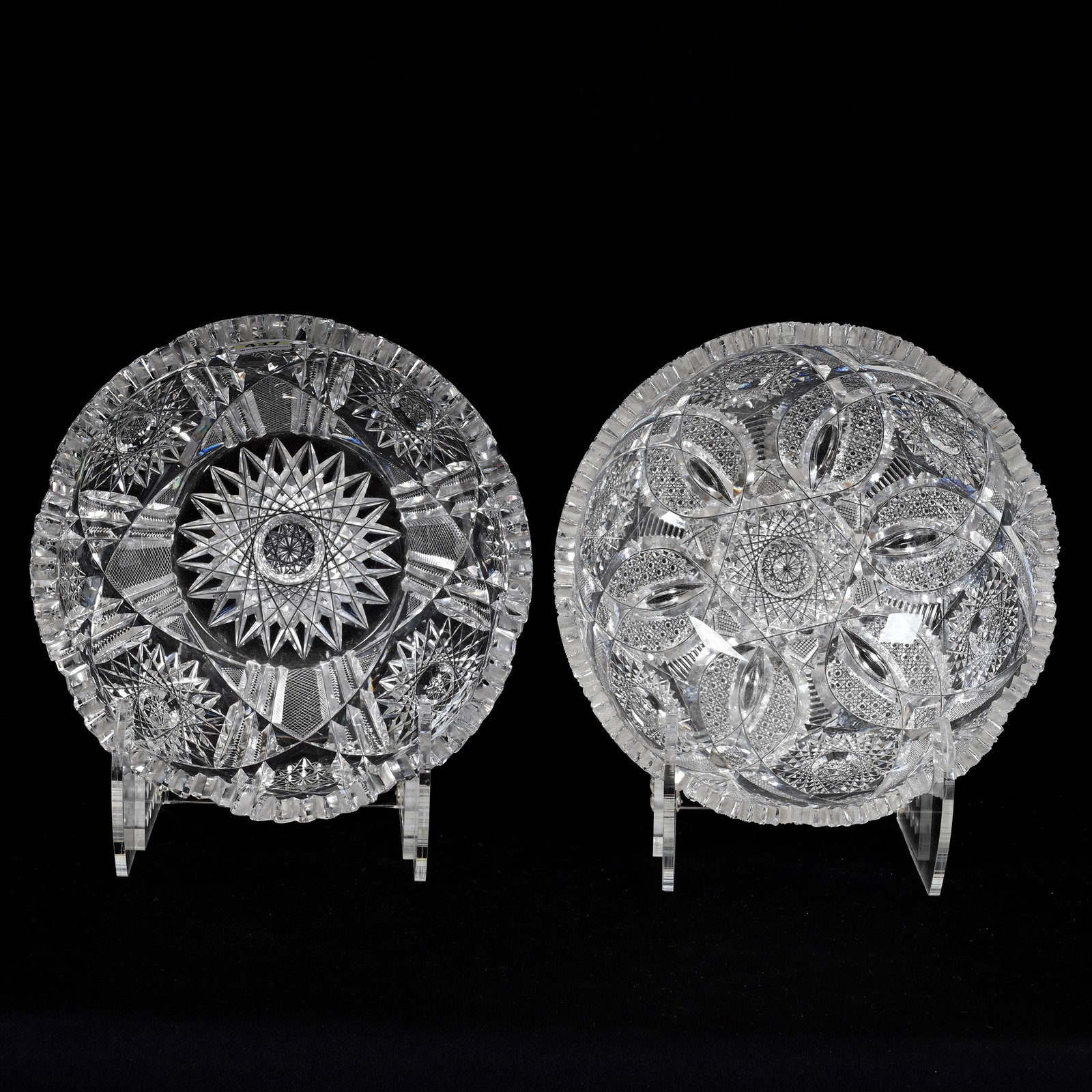 (2) Bowls, American Brilliant Cut Glass: (2) Bowls, American Brilliant Cut Glass, (1) 4" x 8" Bowl, Duchess Pattern By Pitkin & Brooks, Three Tooth Chips, (1) 3.5" x 8" Bowl, Hobstar, Strawberry Diamond And Prism Motif, One Side Tooth Chip, 