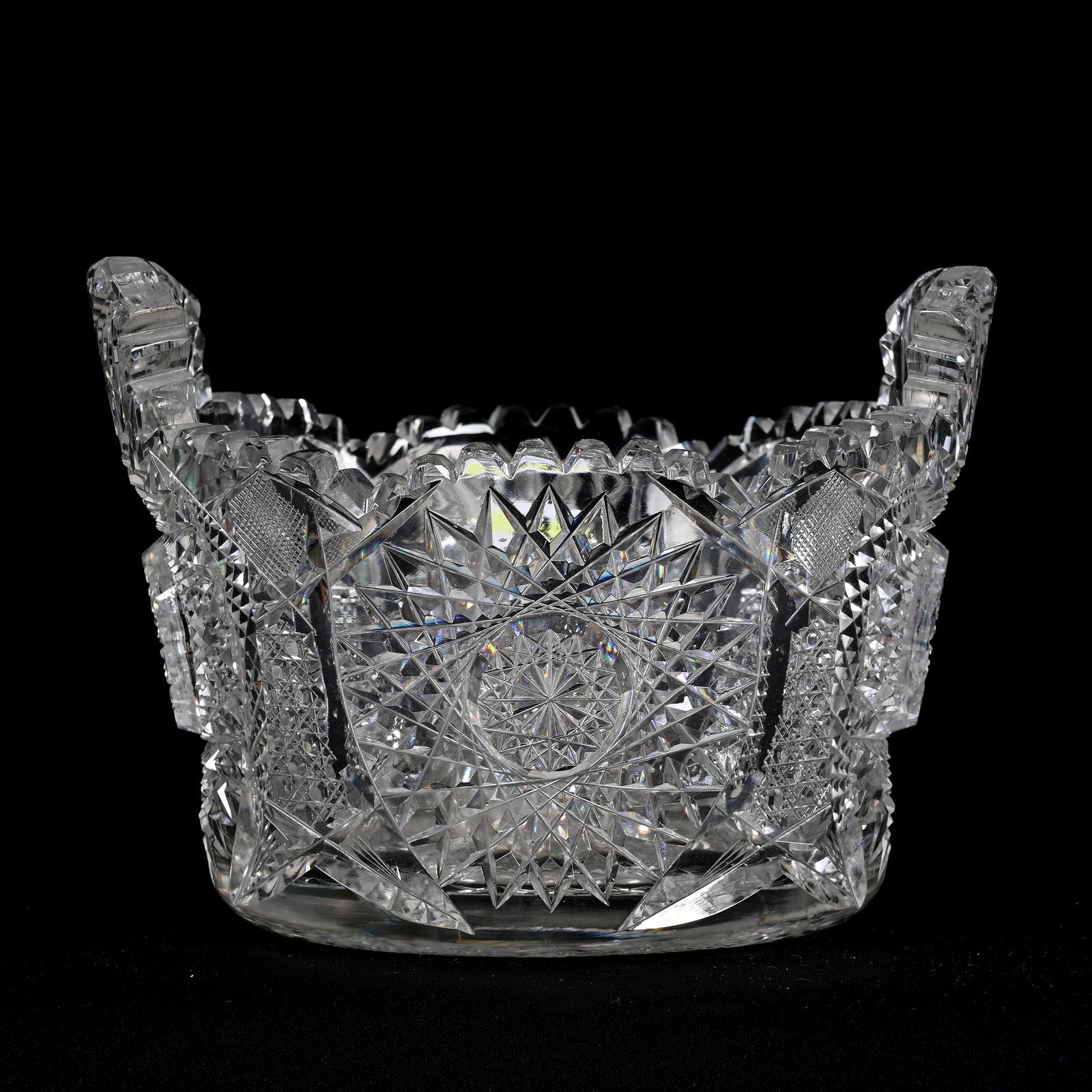 Ice Tub, Tab Handles, American Brilliant Cut Glass: Ice Tub, Tab Handles, American Brilliant Cut Glass, 5.25" x 7", Hobstar, Cane And Strawberry Diamond Motif, Hobstar Base, Professional Corner Repair On Tab Handles, South Dakota Private Collection.