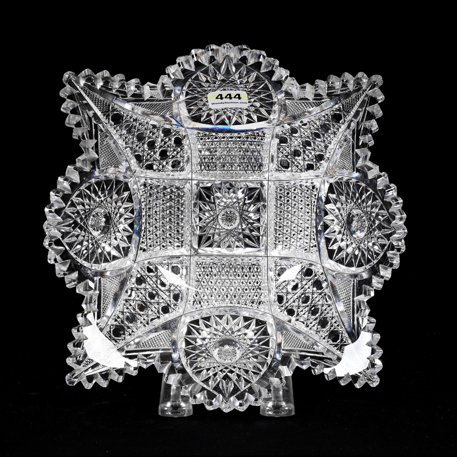 Square Bowl, American Brilliant Cut Glass: Square Bowl, American Brilliant Cut Glass, 2.75" x 8", Four Sections Of Hobstar, Nailhead Diamond, Cane And Strawberry Diamond Motif, One Outside Rim Tooth Chip, South Dakota Private Collection.