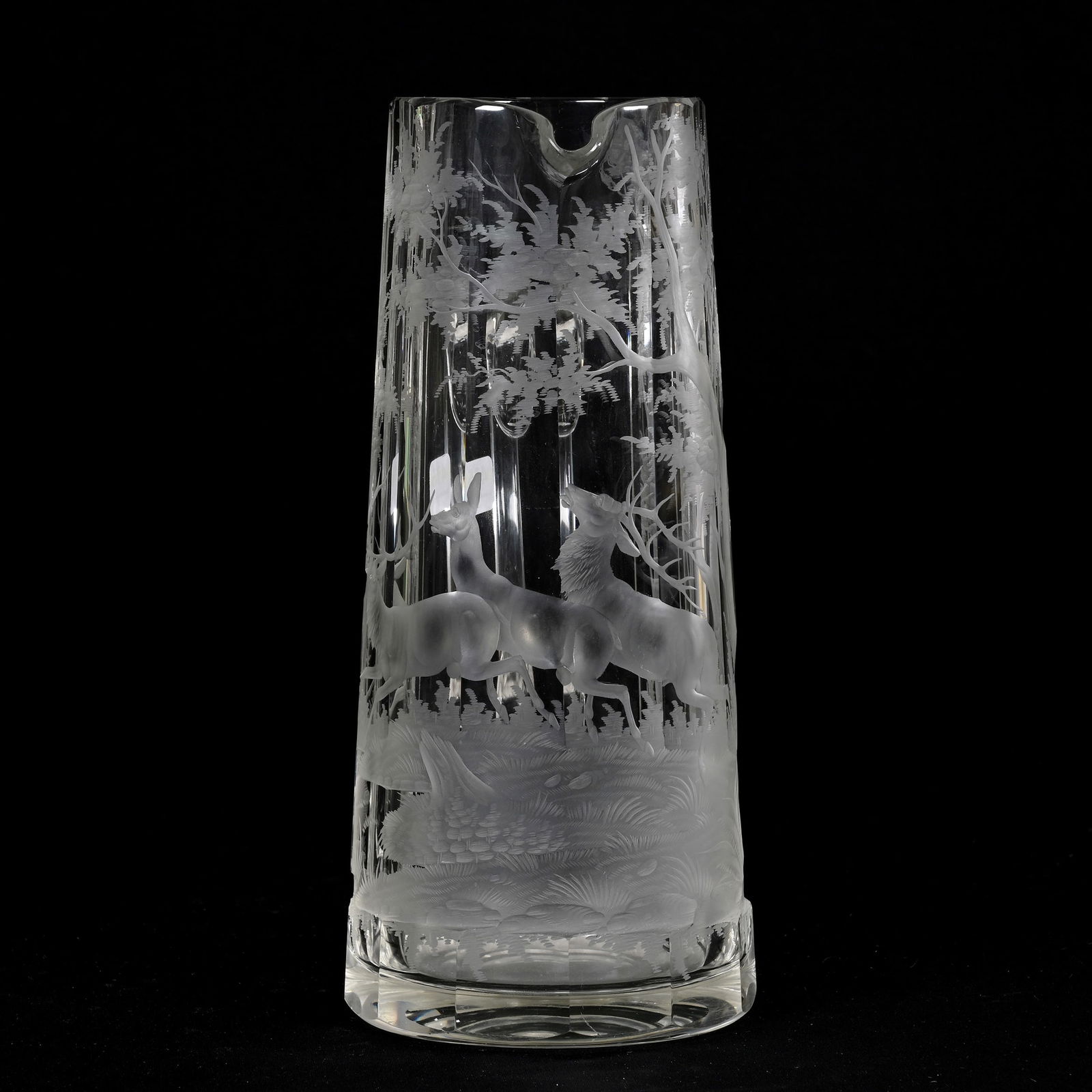 Tankard, BPCG, Bohemian Panel Cut: Tankard, Brilliant Period Cut Glass, Bohemian Panel Cut, 10.5" x 6.5", Elaborate Engraved Scenic Decor With Stag And Other Deer, Polished Pontil Base, Small Rim Bruise, South Dakota Private Collection
