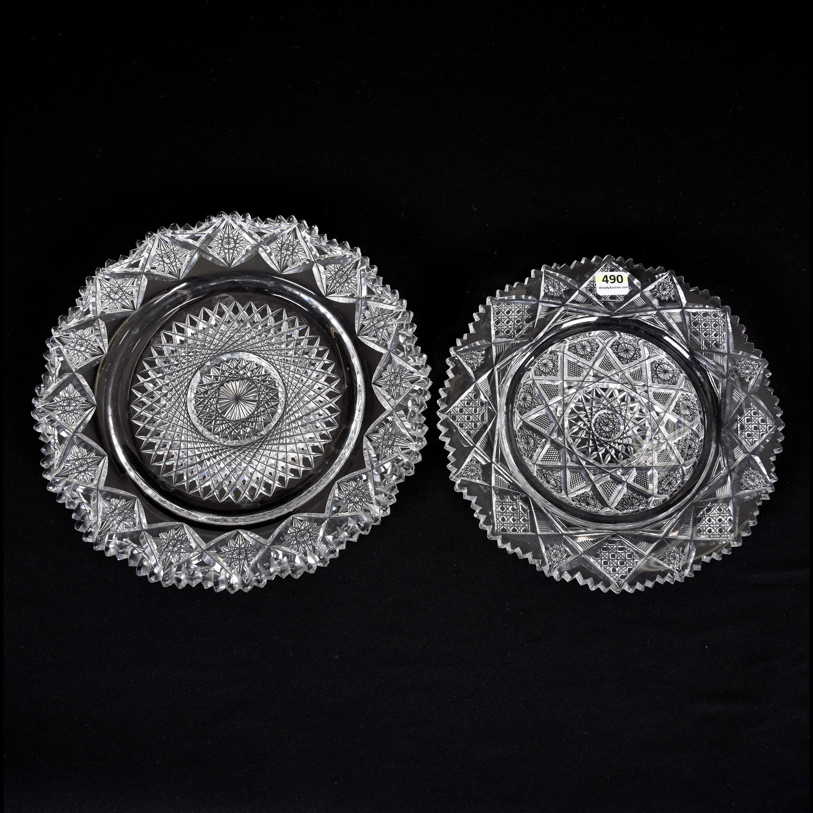 (2) Underplates, American Brilliant Cut Glass: (2) Underplates, American Brilliant Cut Glass, (1) 10.5", Hobstar Center With Hobstar Chain Border, Approximately 6" Center Diameter, (1) 9.25", Hobstar Cluster Center With Cane And Hobstar Border, 5"