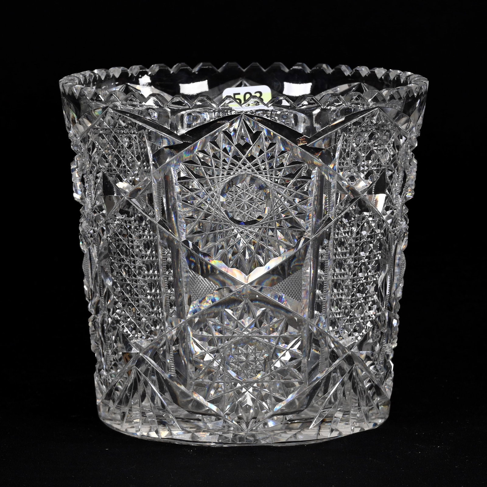 Champagne Bucket, American Brilliant Cut Glass: Champagne Bucket, American Brilliant Cut Glass, 6" x 6.25", Hobstar, Cane, Strawberry Diamond, Prism And Fan Motif, Hobstar Base, One Outside Rim Tooth Chip, South Dakota Private Collection.