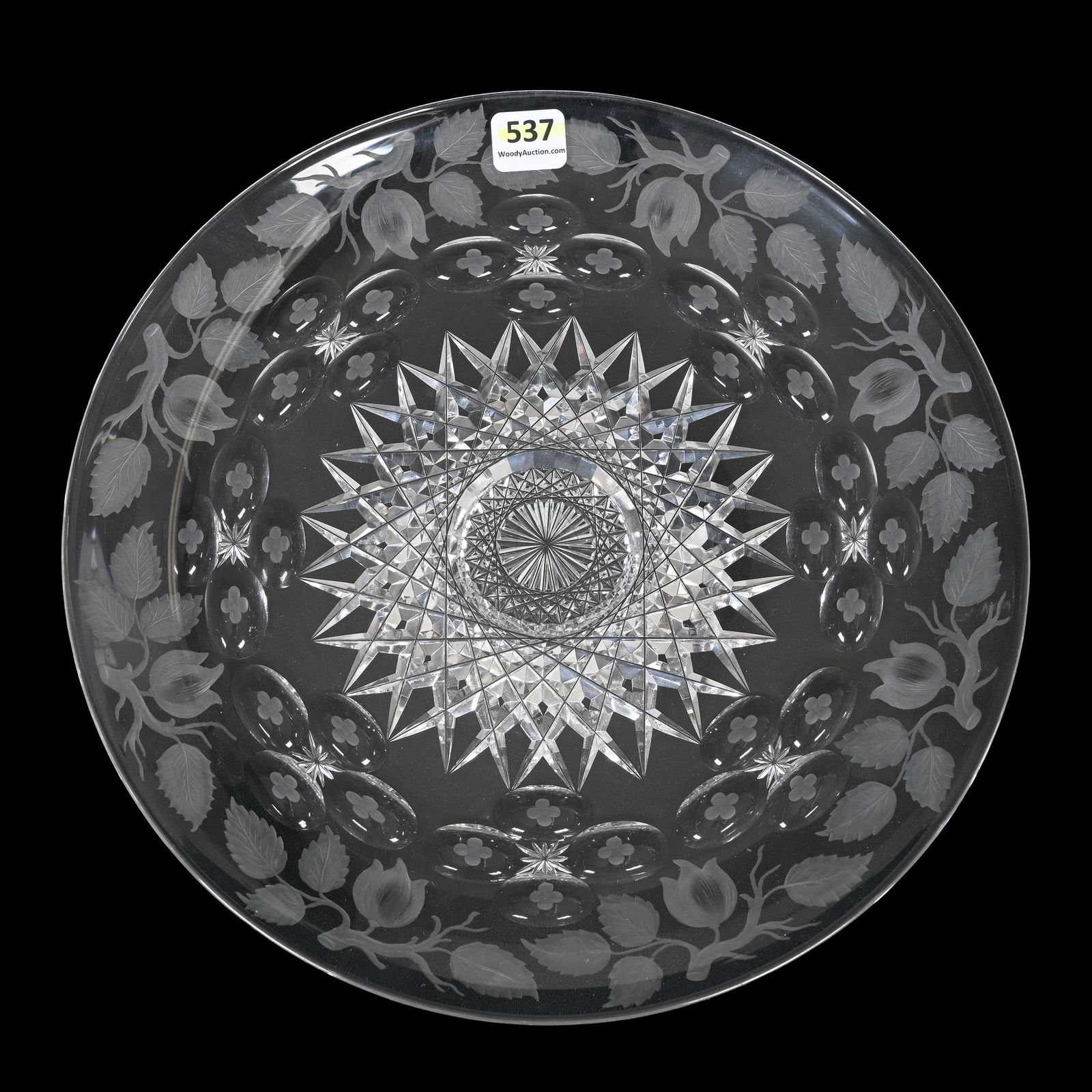 Plate, American Brilliant Cut Glass, Signed Hawkes: Plate, American Brilliant Cut Glass, Signed Hawkes, 10.75", Hobstar Center With Punty Windows And Engraved Floral Highlights, South Dakota Private Collection.