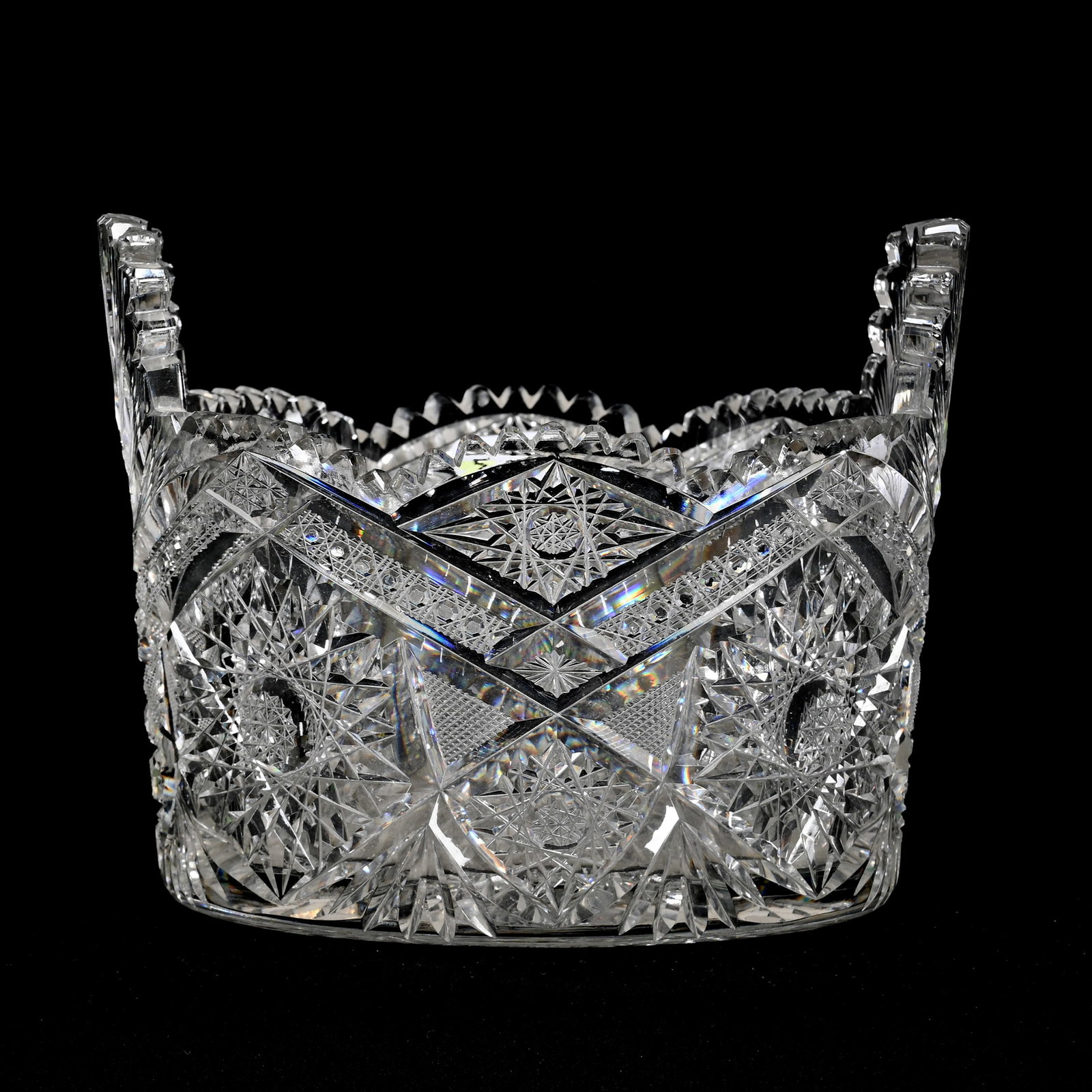 Ice Tub, Tab Handles, American Brilliant Cut Glass: Ice Tub, Tab Handles, American Brilliant Cut Glass, 5.5" x 7", Well Cut Hobstar, Strawberry Diamond, Cane, Star And Fan Motif, Hobstar Base, One Corner Outside Tooth Chip On Handle, South Dakota Priva