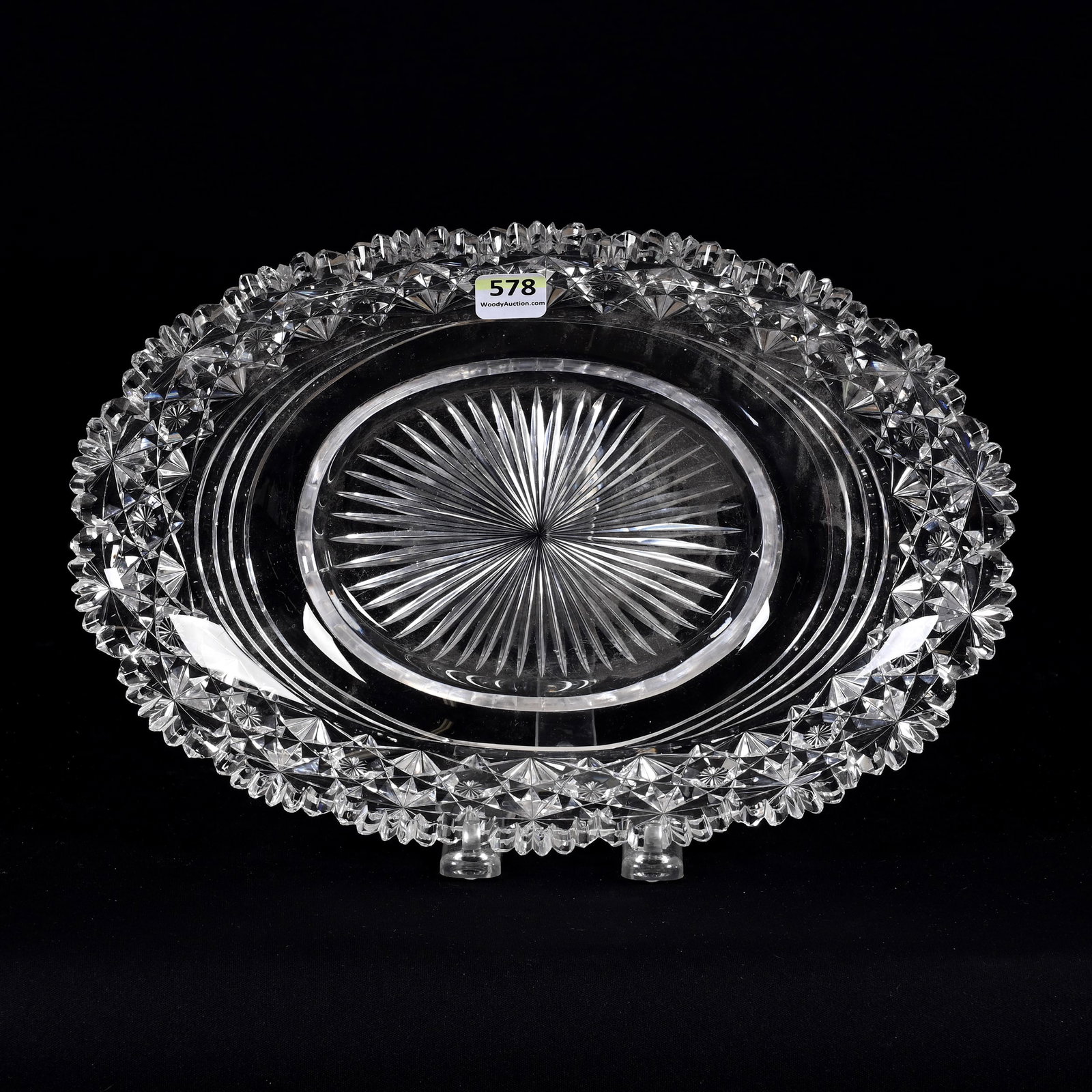 Oval Underplate, American Brilliant Cut Glass: Oval Underplate, American Brilliant Cut Glass, 11.5" x 7.75", Russian Pattern, Star Cut Buttons, Ray Cut Center, Three Tooth Chips, South Dakota Private Collection.