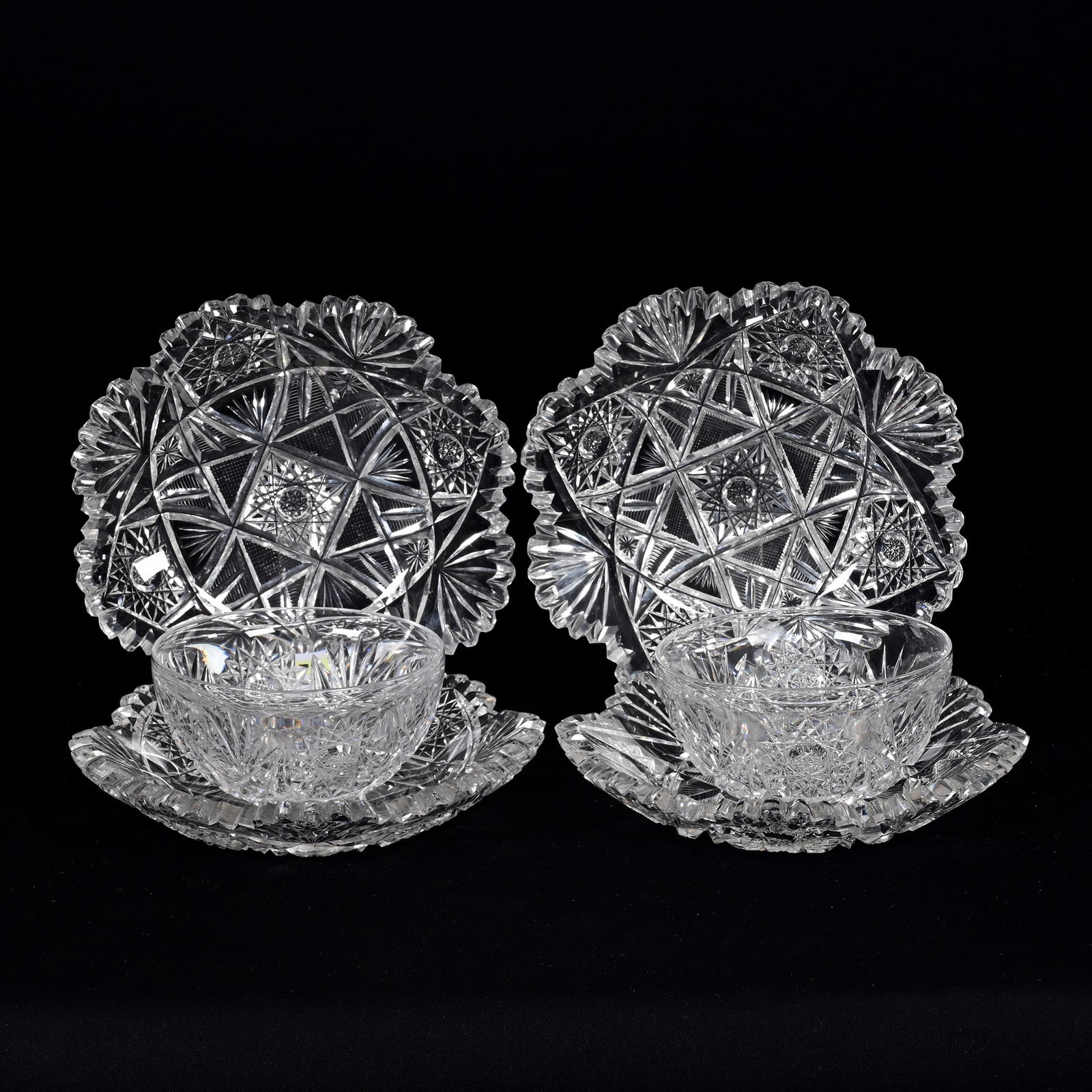 (2) Fingerbowls & (4) Plates, American Brilliant Cut Glass: (2) Fingerbowls & (4) Plates, American Brilliant Cut Glass, All In Same Pattern, Hobstar, Shield, Strawberry Diamond, Zipper, Star And Fan Motif, (4) 7" Plates, Each Plate Has Rim Chips, (2) 4.25" Fin