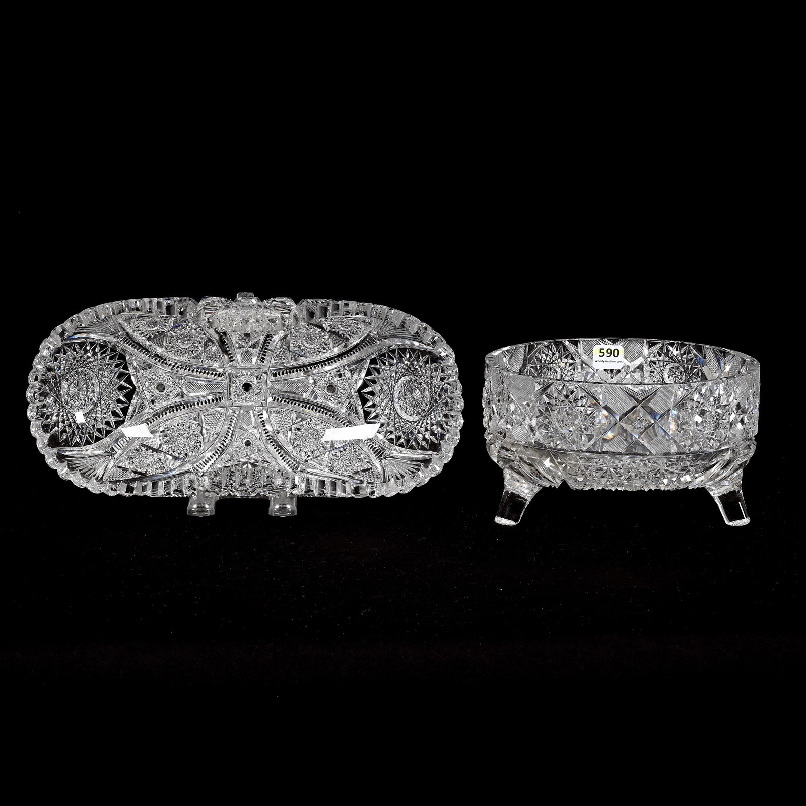 (2) Items, American Brilliant Cut Glass: (2) Items, American Brilliant Cut Glass, (1) 4" x 7.5" Ferner, Three Feet, Hobstar, Russian, Strawberry Diamond And Miter Motif, Serious Rim Bruise, (1) 11.75" x 5.5" Folded Celery, Bangor Pattern By 