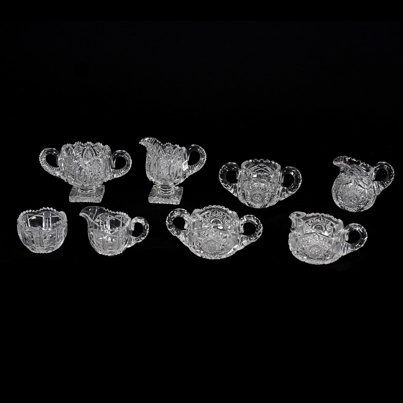 (4) Matched Creamer/Sugar Sets, ABCG: (4) Matched Creamer/Sugar Sets, American Brilliant Cut Glass, Various Sizes, Shapes And Patterns, (1) Set, Pedestal Square Base, Creamer With Tooth Chip, (2) Sets - Creamers Have Handle Cracks, (1) Se