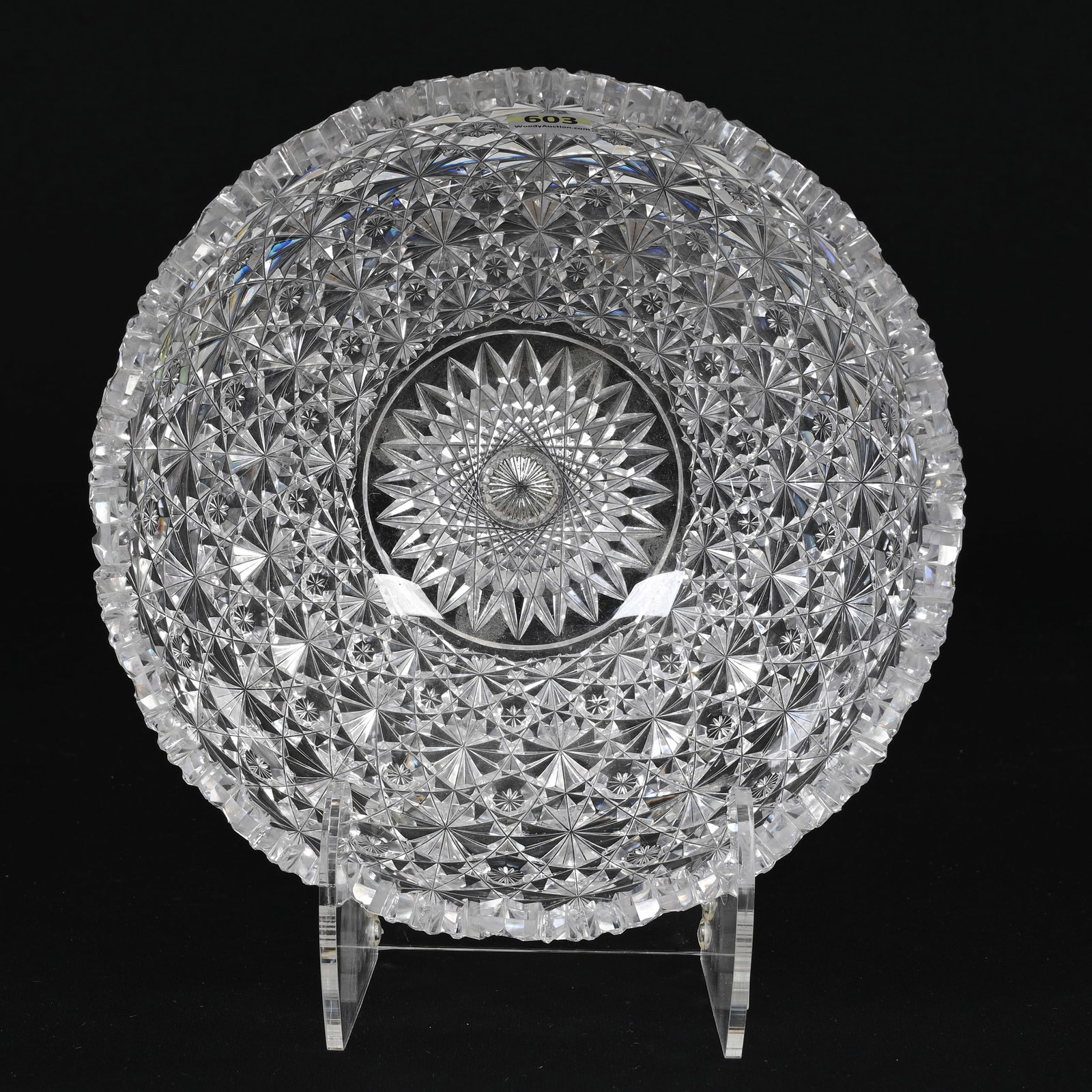 Bowl, American Brilliant Cut Glass: Bowl, American Brilliant Cut Glass, 4.25" x 9", Russian Pattern, Star Cut Buttons, Hobstar Base, One Tooth With Minor Side Chip, South Dakota Private Collection.