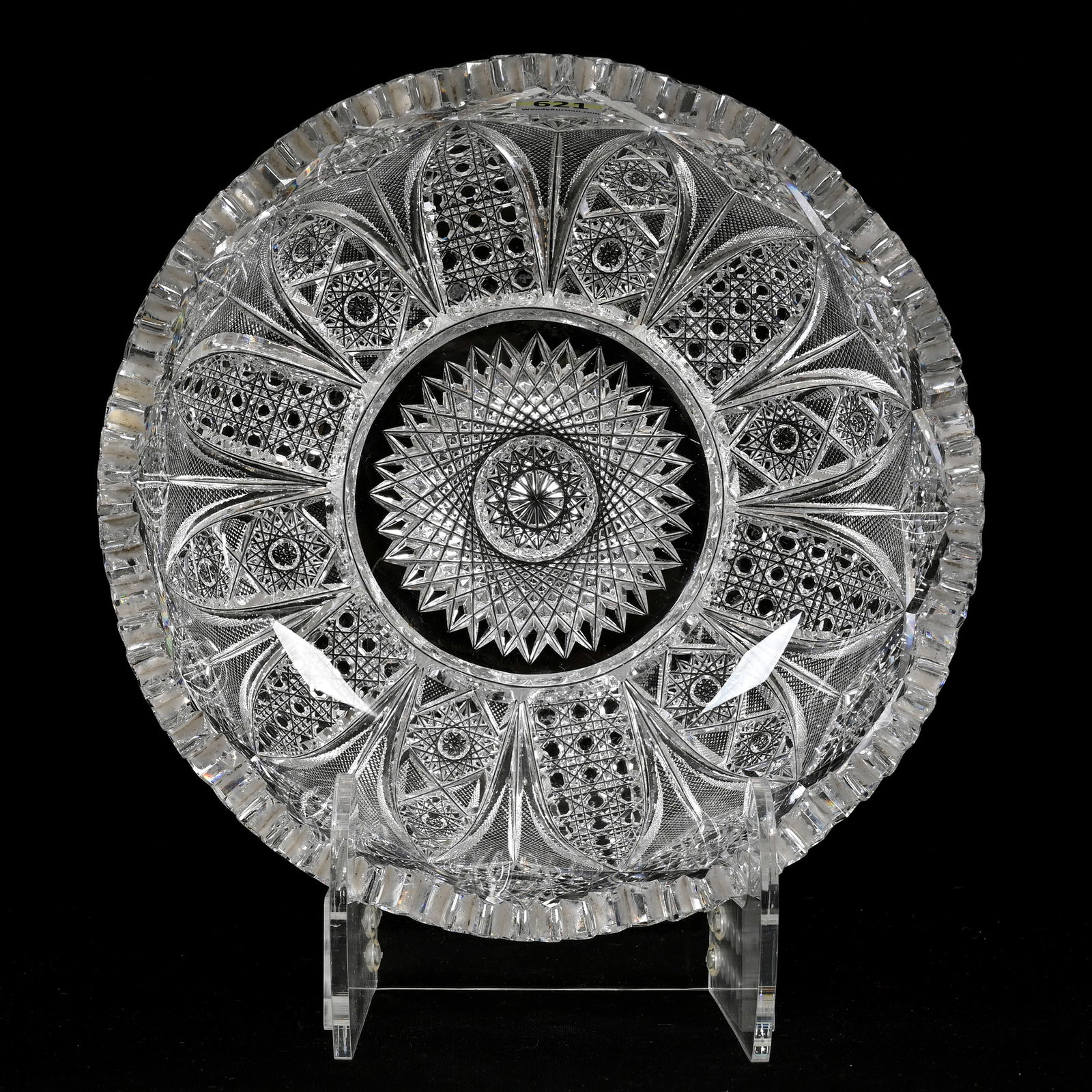 Bowl, American Brilliant Cut Glass: Bowl, American Brilliant Cut Glass, 3.5" x 9", Beautiful Hobstar Center With Twelve Sections Of Arch, Hobstar, Cane And Strawberry Diamond Motif, Nice Quality, Tooth Chip, South Dakota Private Collect
